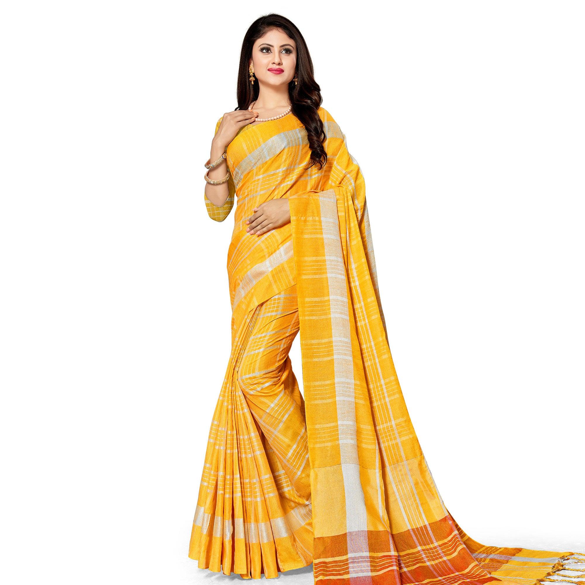 Peachmode Capricious Yellow Colored Fesive Wear Stripe Print Cotton Silk Saree With Tassels