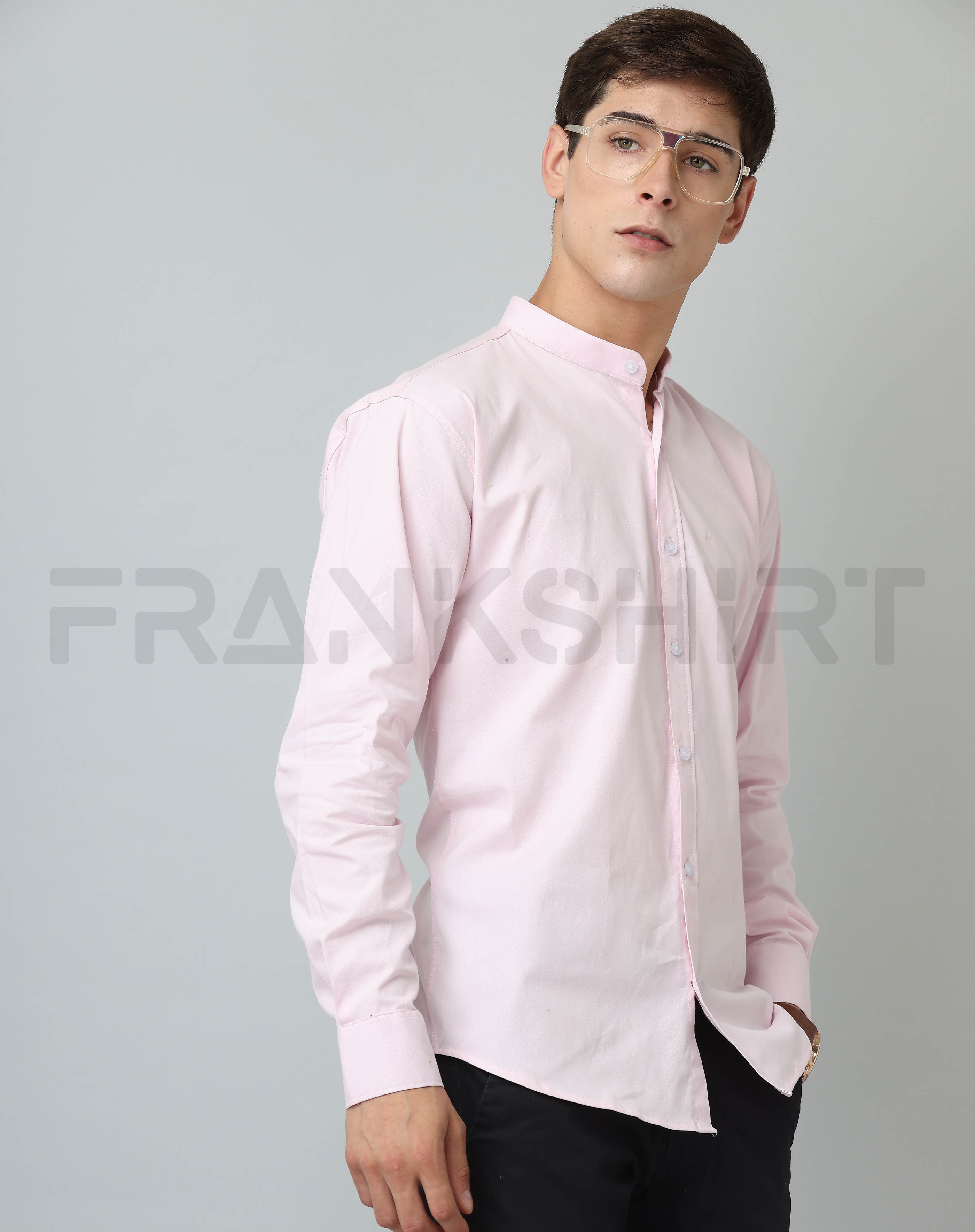 BlackTree Frankshirt Chinese Collar Light Pink Tailored Fit Cotton Casual Shirt for Man - view 3
