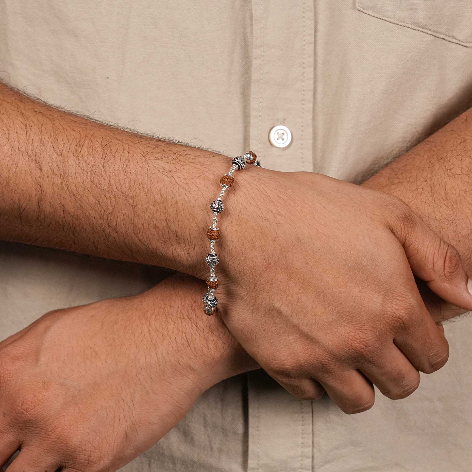 Prinjal Jewellers Rudraksha Silver Om Beads Bracelet - view 3