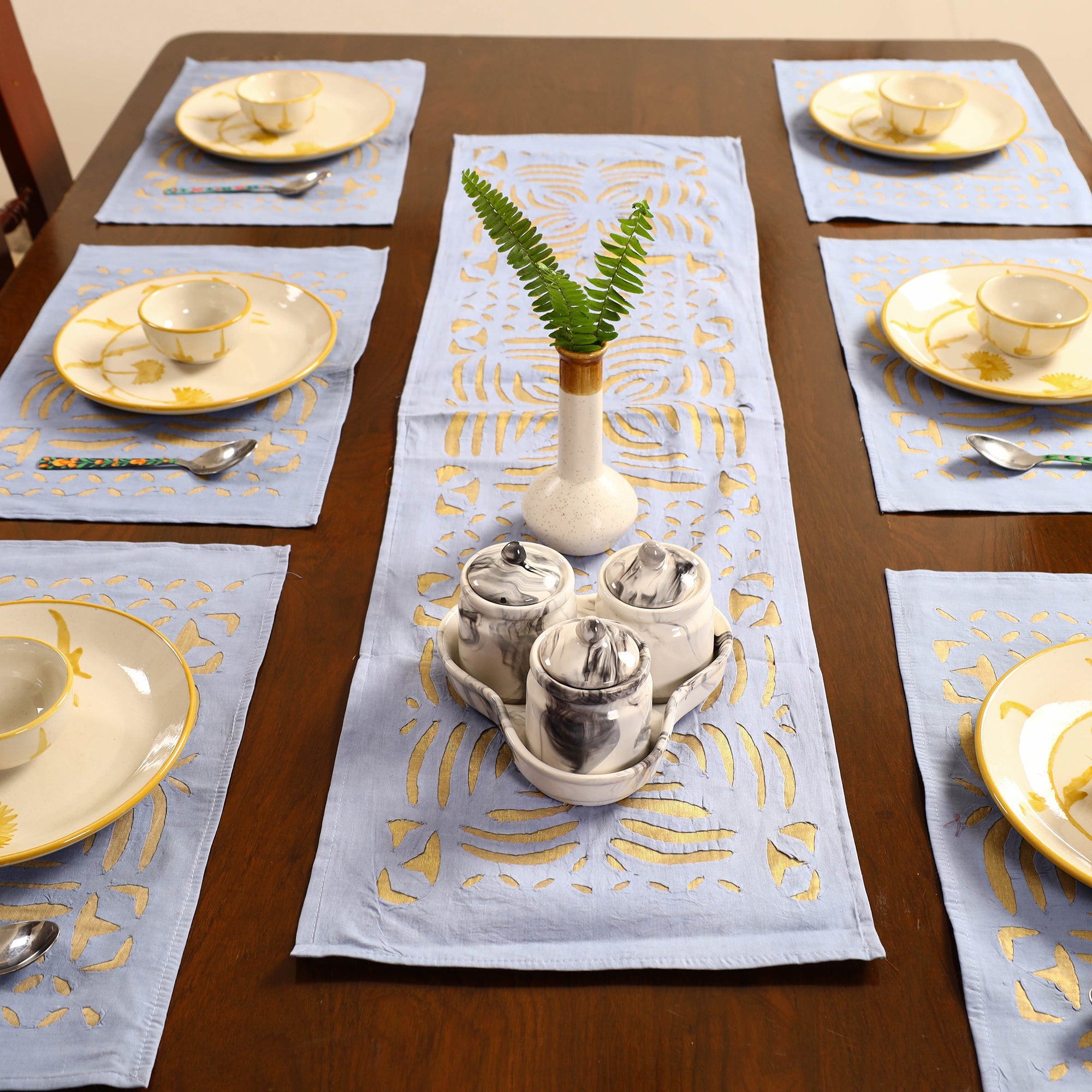 SHADES OF MARUDHARA Blue - Applique Cut Work Table Runner with Table Mat Set 10 - view 3