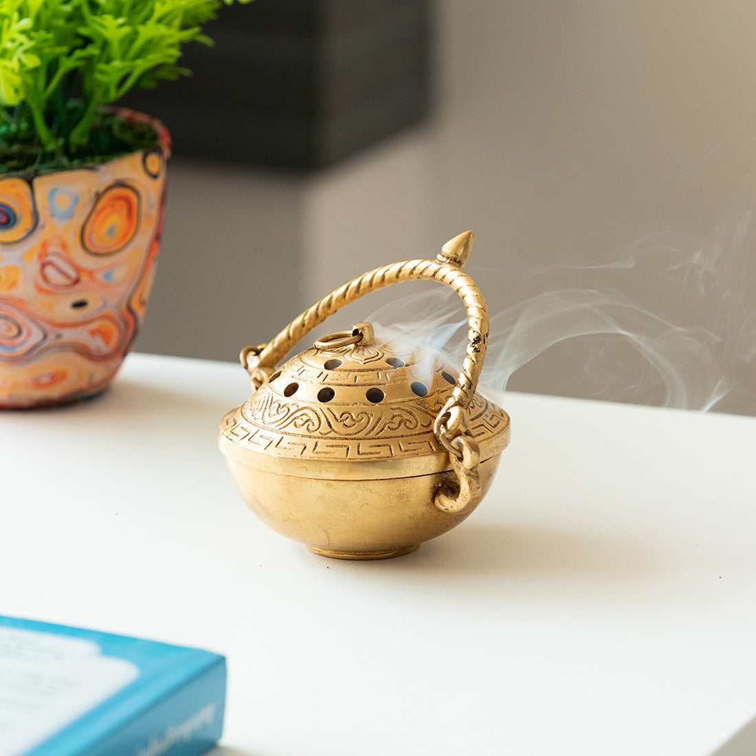 EXCLUSIVELANE 'Inaayat' Dhoop Dani Brass Incense Burner (Hand-Etched, 4 Inch, 0.6 Kg)
