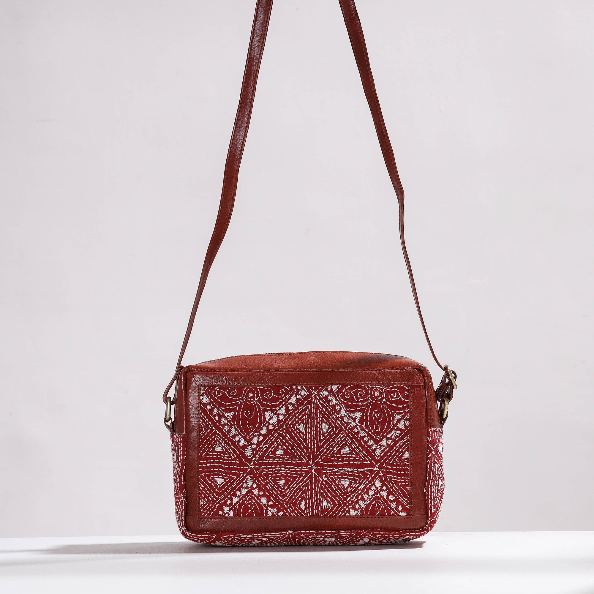 ASALKAAR Brown - Handcrafted Kantha Embroidery Cotton & Leather Sling Bag - view 2