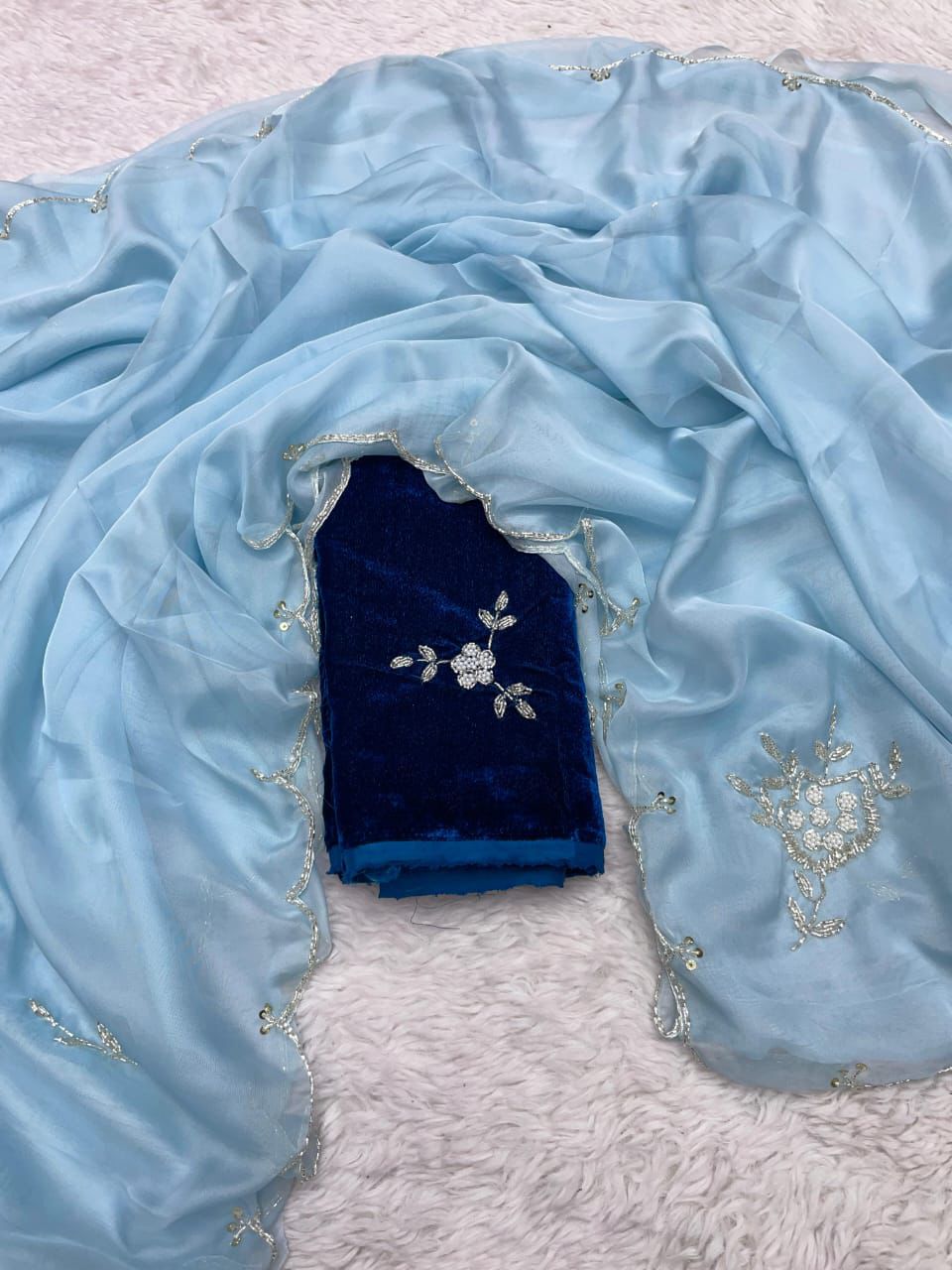 ClothsVilla Sky Blue Soft Organza Saree with Exquisite Handwork & Velvet Silk Blouse