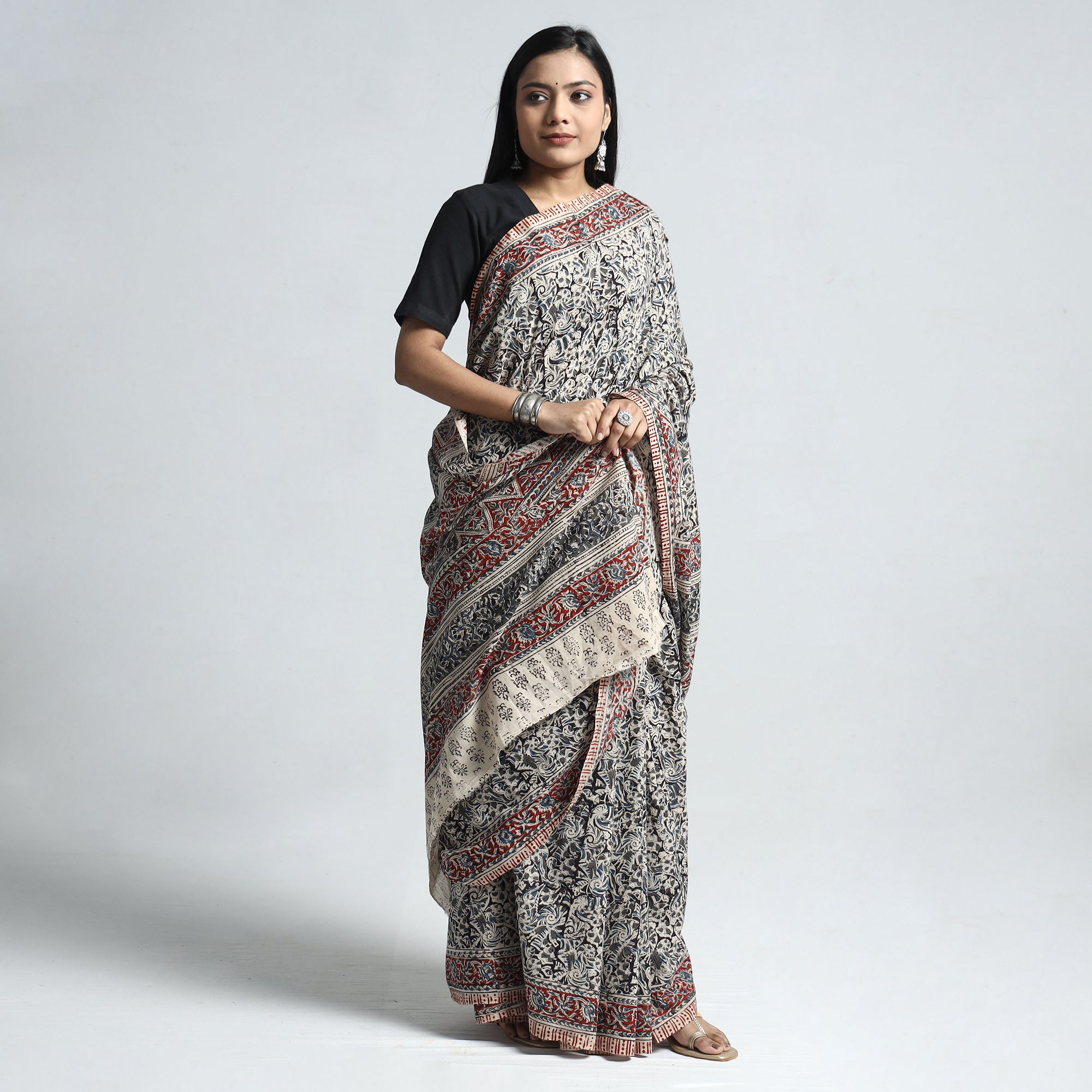 VENKATA BHANU KALAMKARI PEDANA Black - Pedana Block Print Cotton Kalamkari Saree