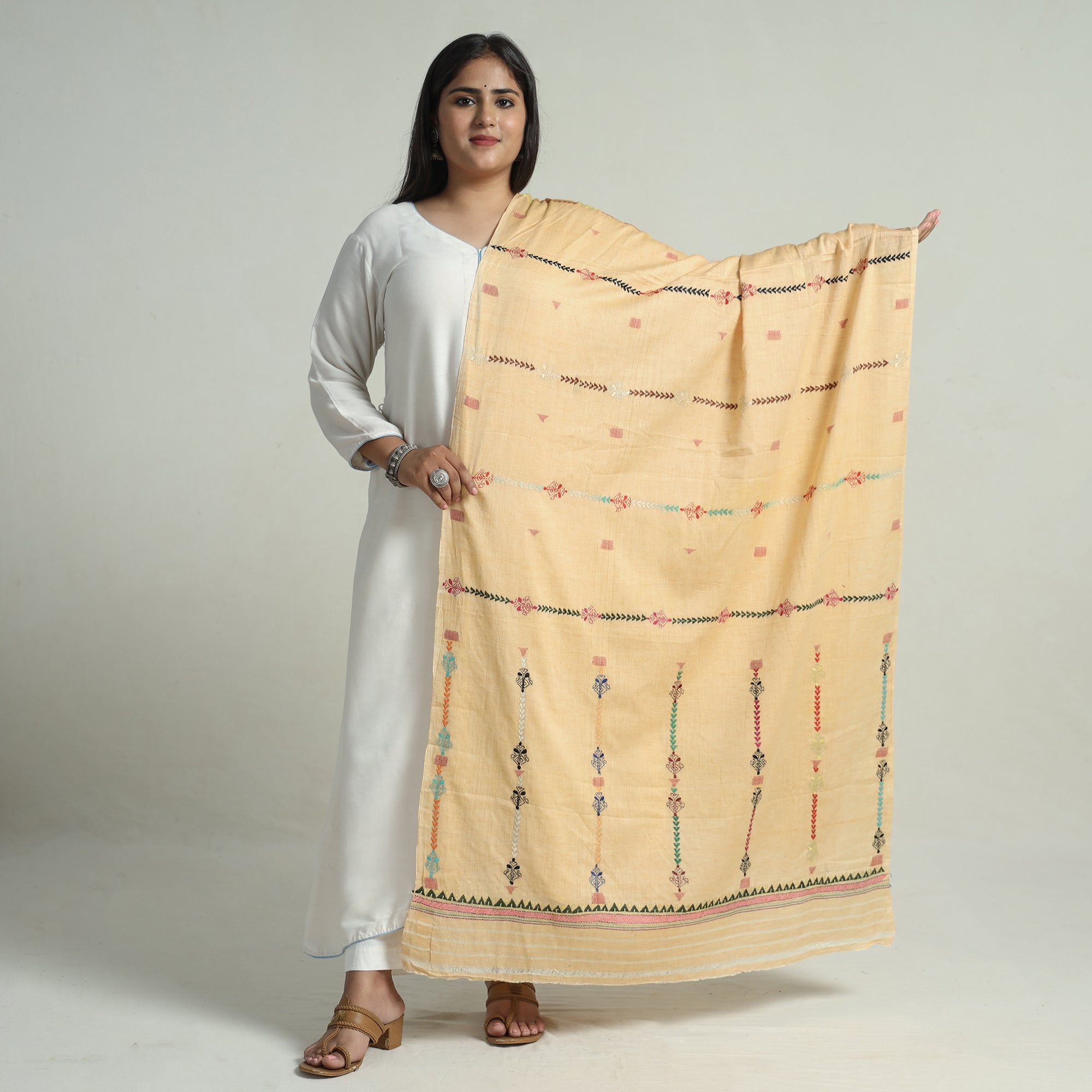 KHUSHBASH - HAPPY LOOM OF EAST Beige - Bengal Kantha Embroidery Silk Cotton Dupatta 06