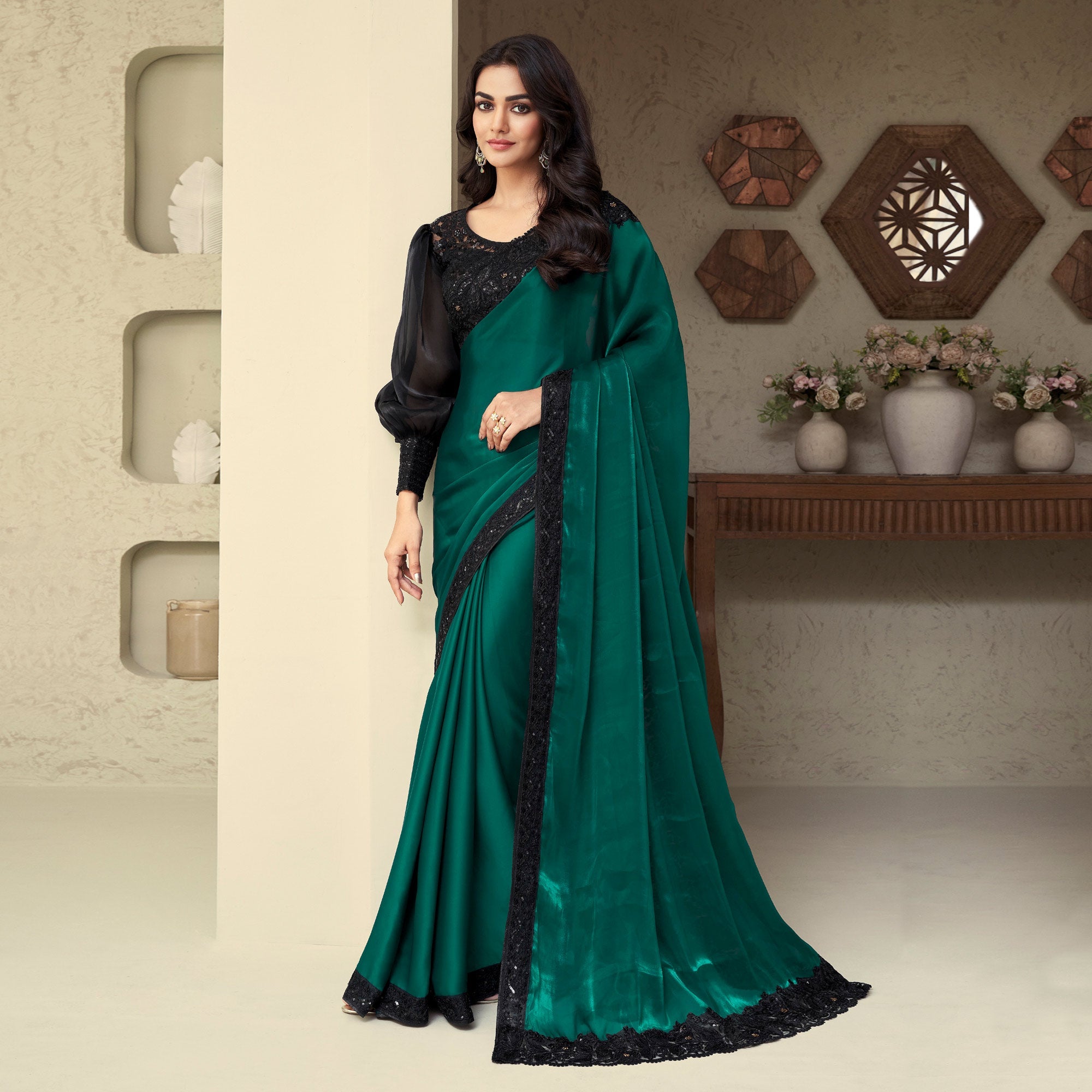 Peachmode Bottle Green Sequins Embroidered Georgette Saree - view 2