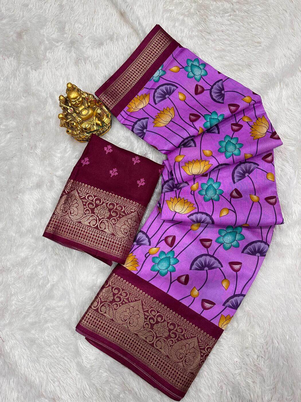 Shubh Glowing Lavender Digital Printed Dola Silk Saree With Incredible Blouse Piece