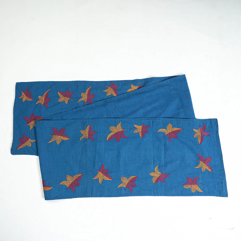 Blue - Chandi Mati Kantha Work Silk Cotton Table Runner - view 2