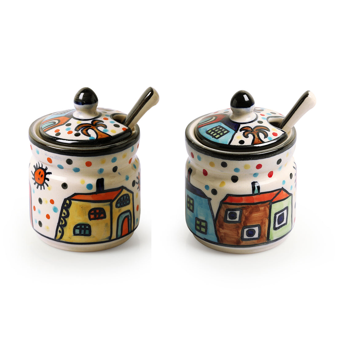 EXCLUSIVELANE 'Hut Handpainted' Ceramic Pickle & Chutney Jars With Spoons (Set Of 2) - view 2