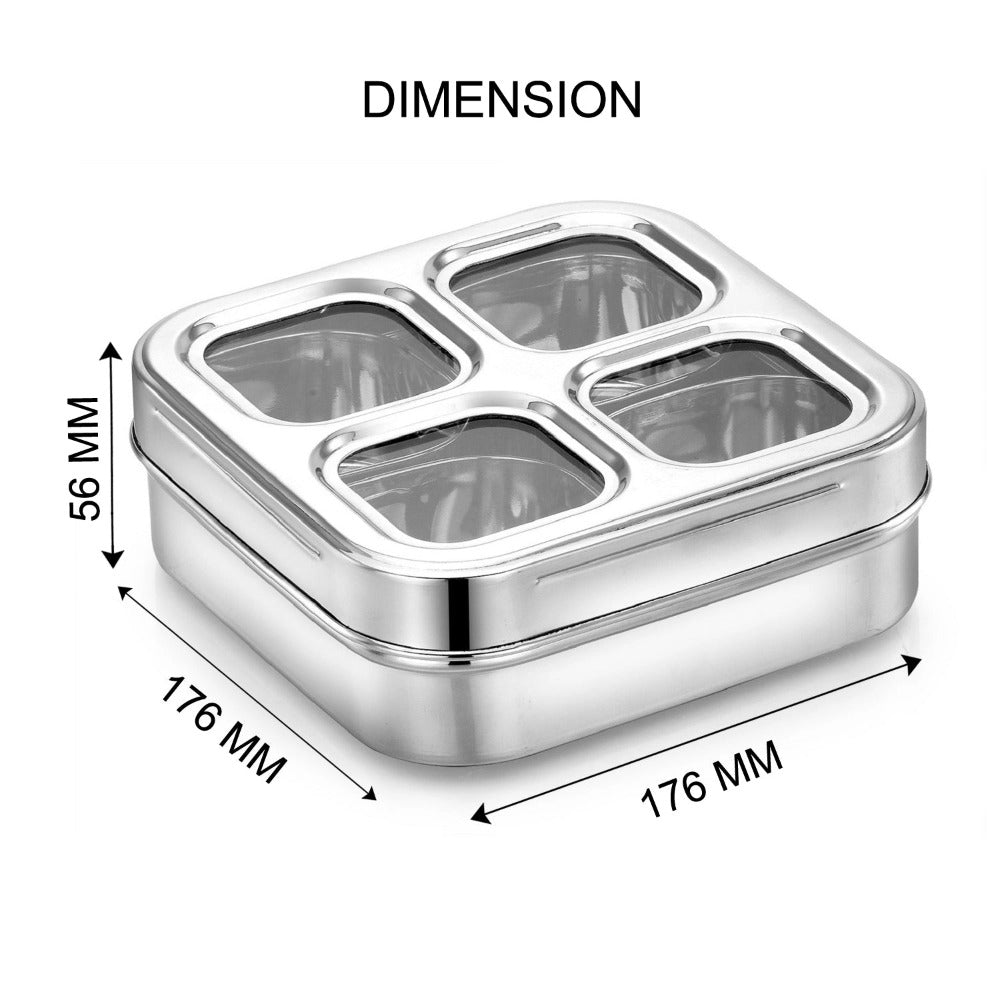 AVIAS Square Stainless Steel Dry Fruit cum Spice box with See-Through Lid | 4 Compartments and 1 Spoon | Silver - view 5