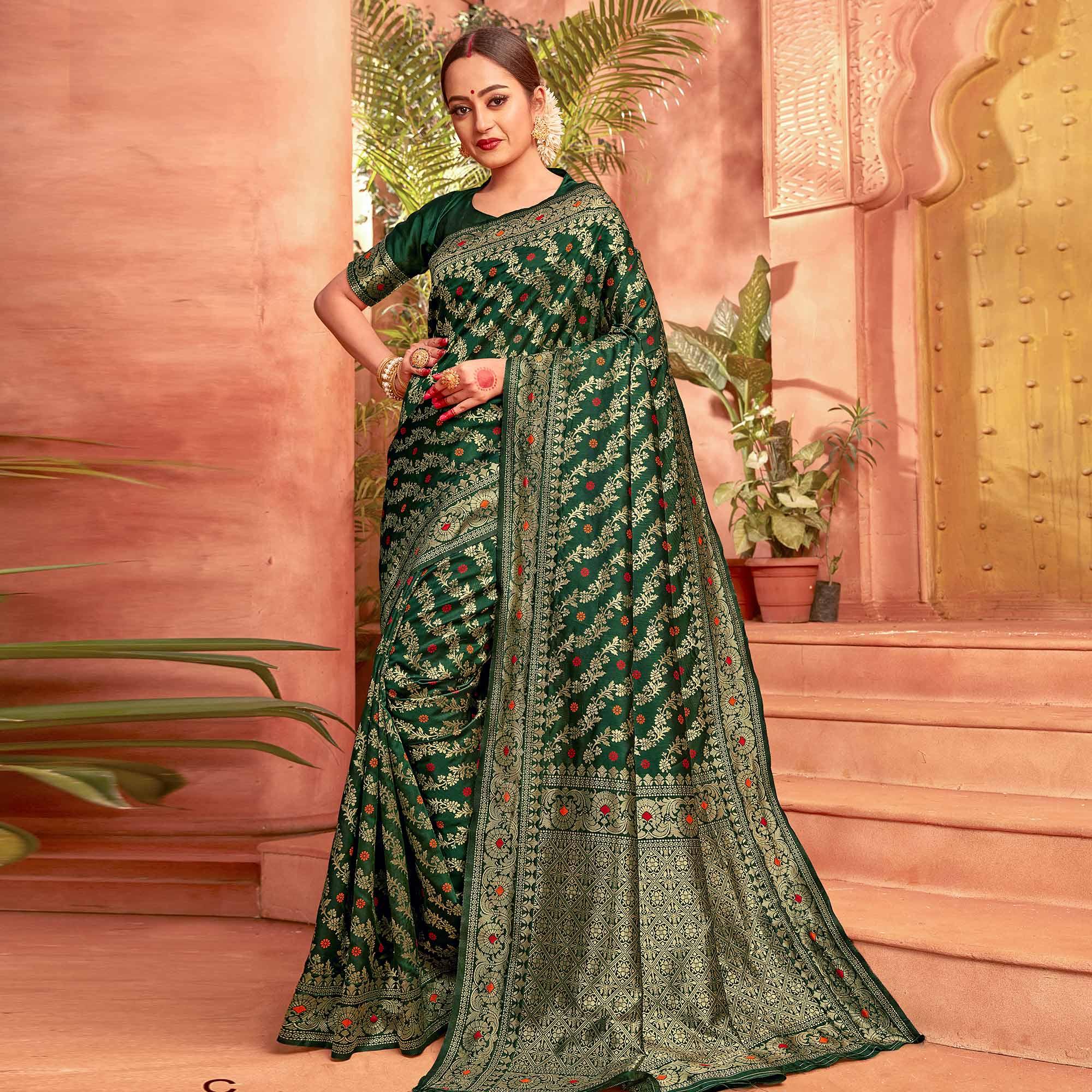 Peachmode Flamboyant Dark Green Colored Festive Wear Woven Designer Silk Saree