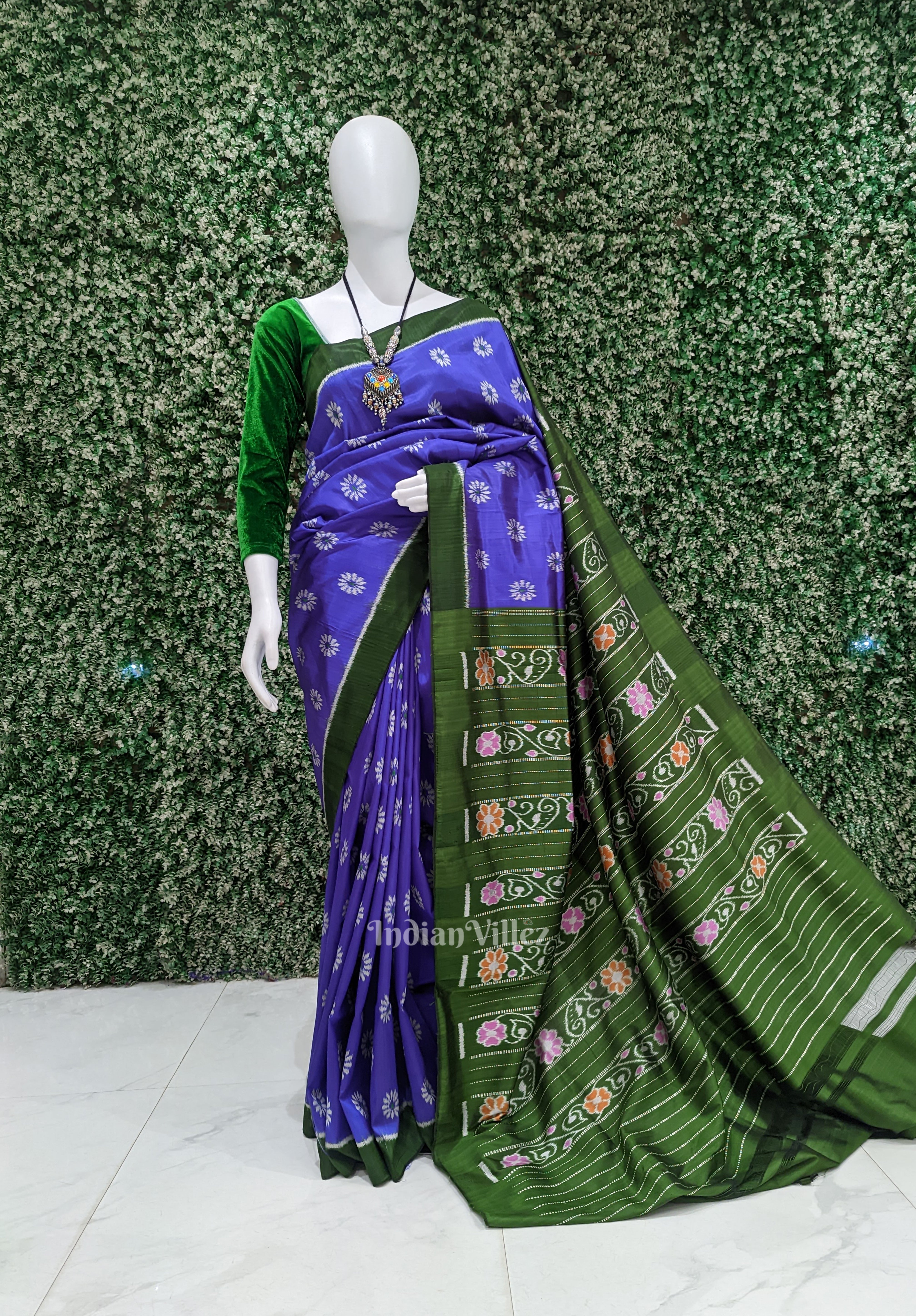 IndianVillèz Navy Blue Floral Odisha Ikat Designer Contemporary Silk Saree