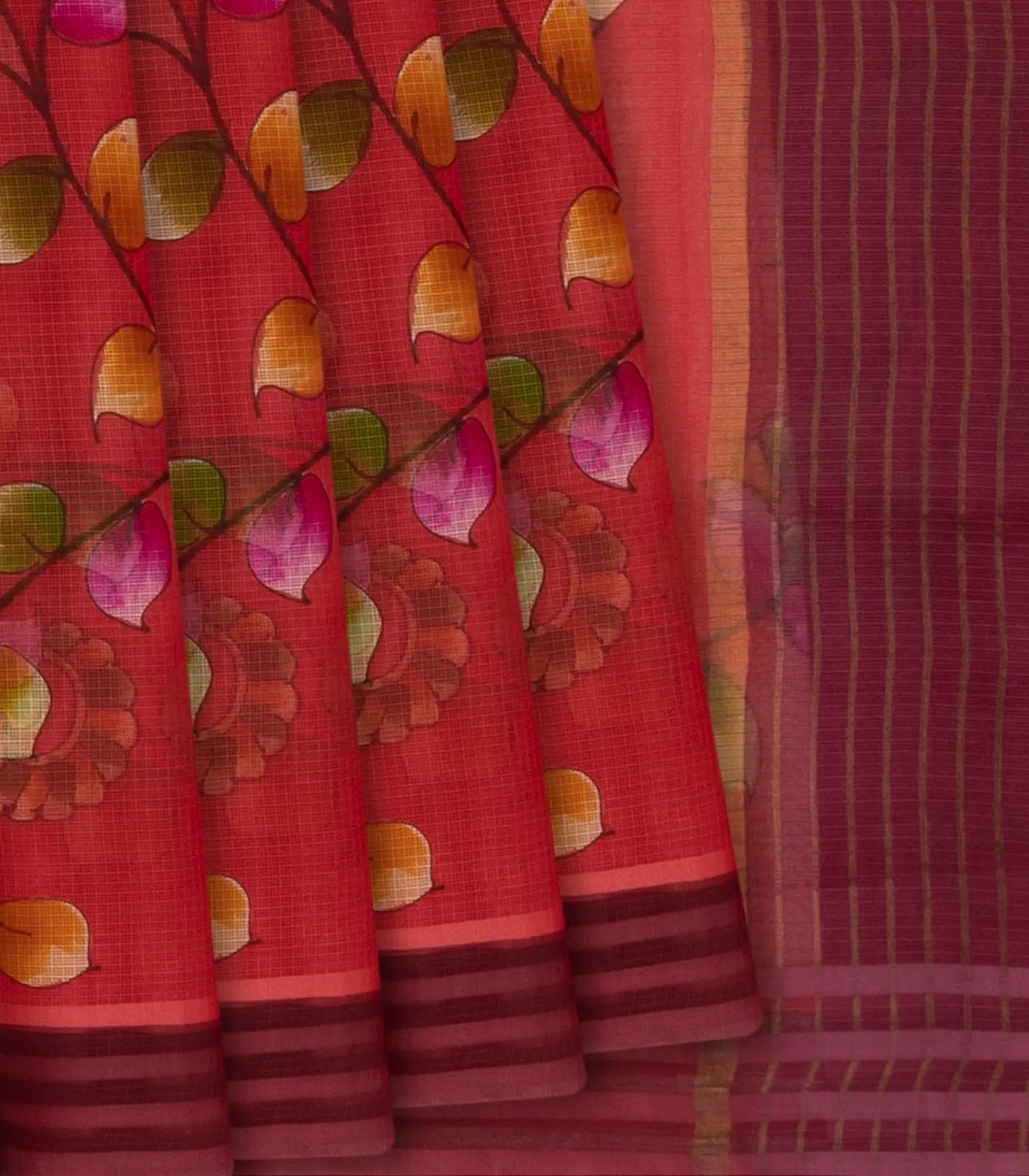 RmKV Red Woven Kota Silk Saree With Hand Painted Floral Motifs-Red
