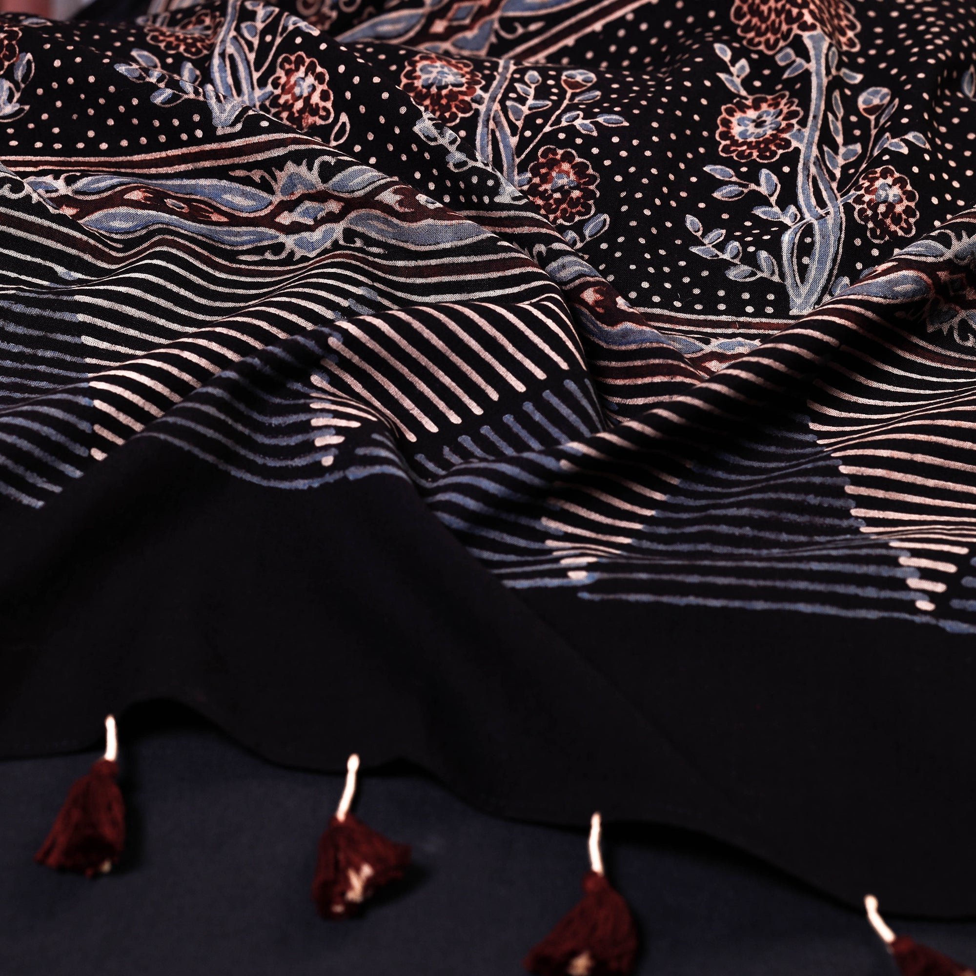 RIYAZ ABDULMAJID KHATRI - AJRAKH Black - Ajrakh Block Printed Mul Cotton Stole with Tassels - view 2
