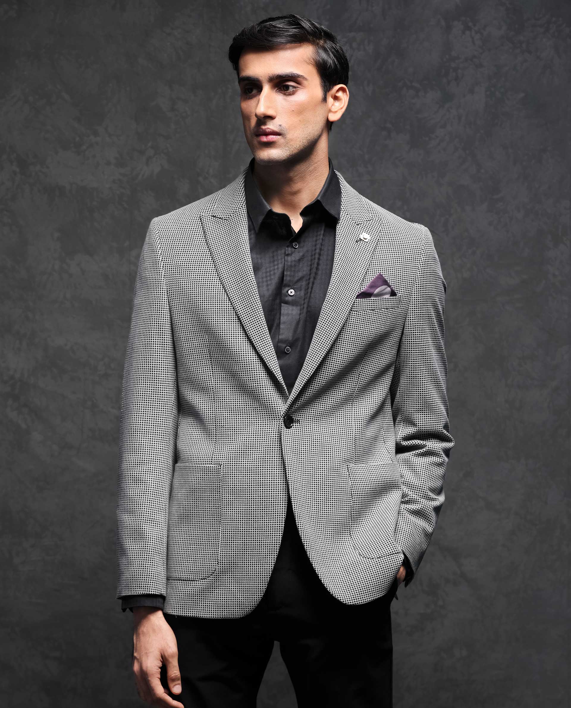 Rare Rabbit Men's Bellion Black Polyester Viscose Fabric Peak Lapel Single Breasted Tailored Fit Houndstooth Blazer