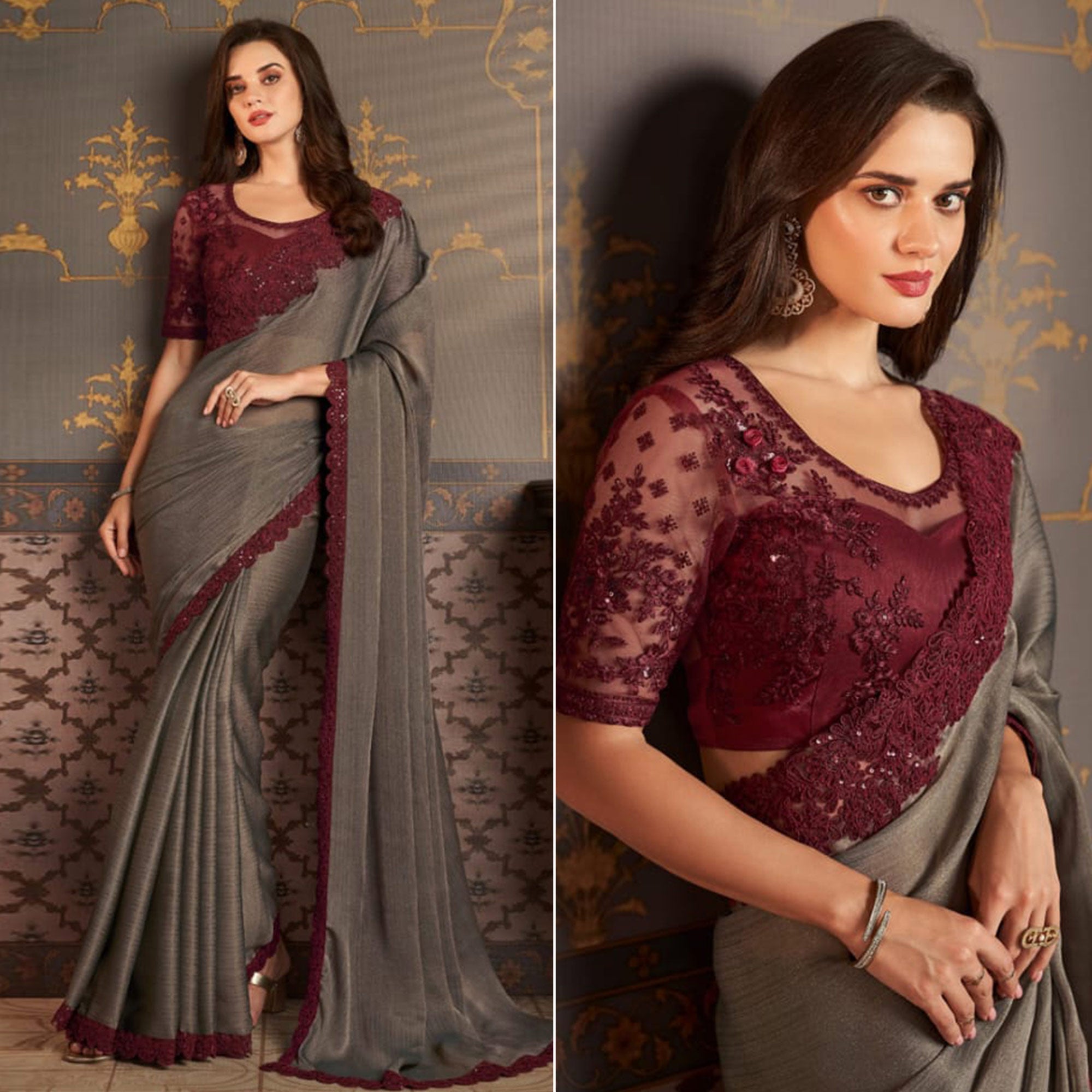 Peachmode Dark Grey Embroidered Satin Saree – Women's