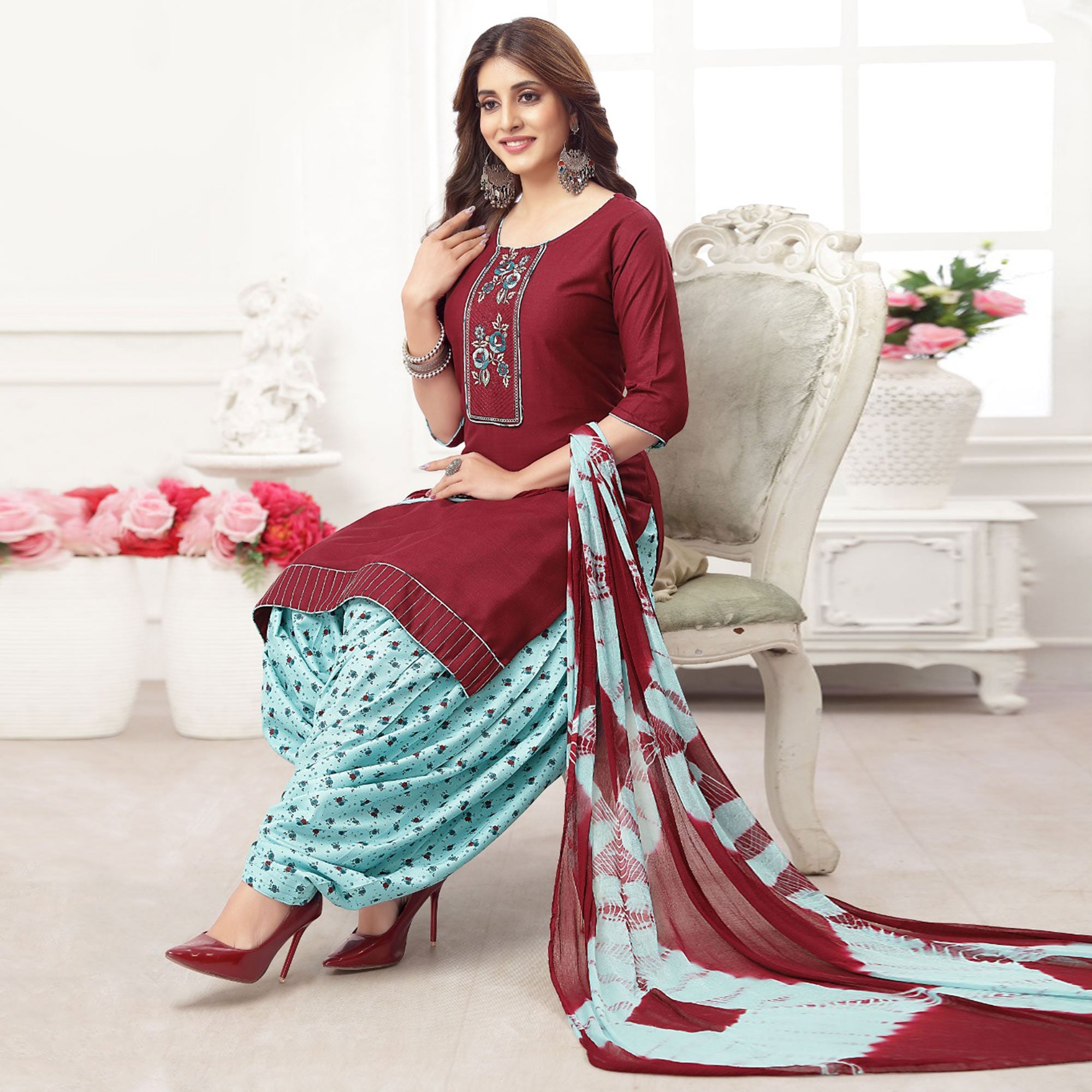 Peachmode Seller Maroon Embroidered Rayon Patiala Suit - view 2