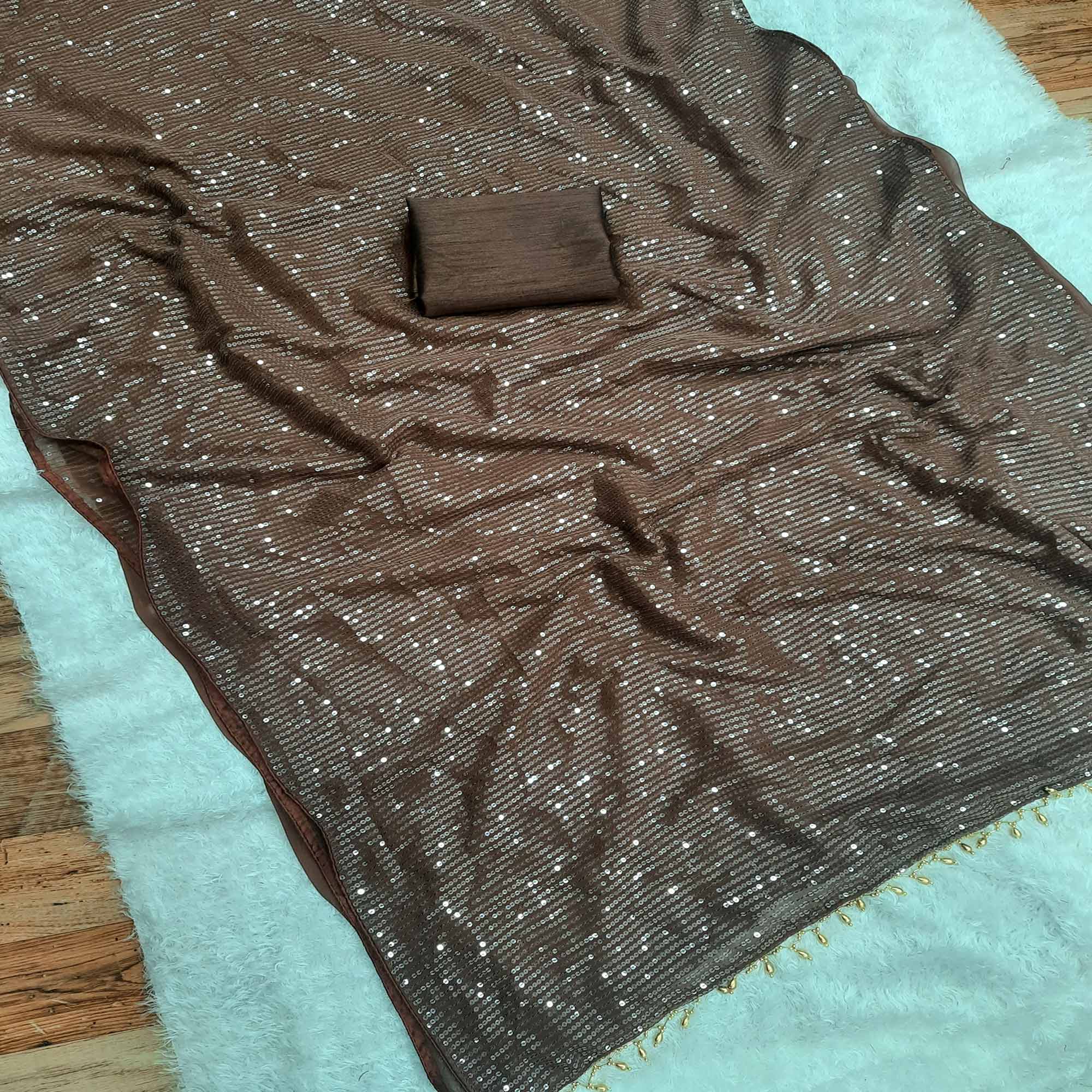 Peachmode Brown Sequins Embroidered Grorgette Saree - view 2