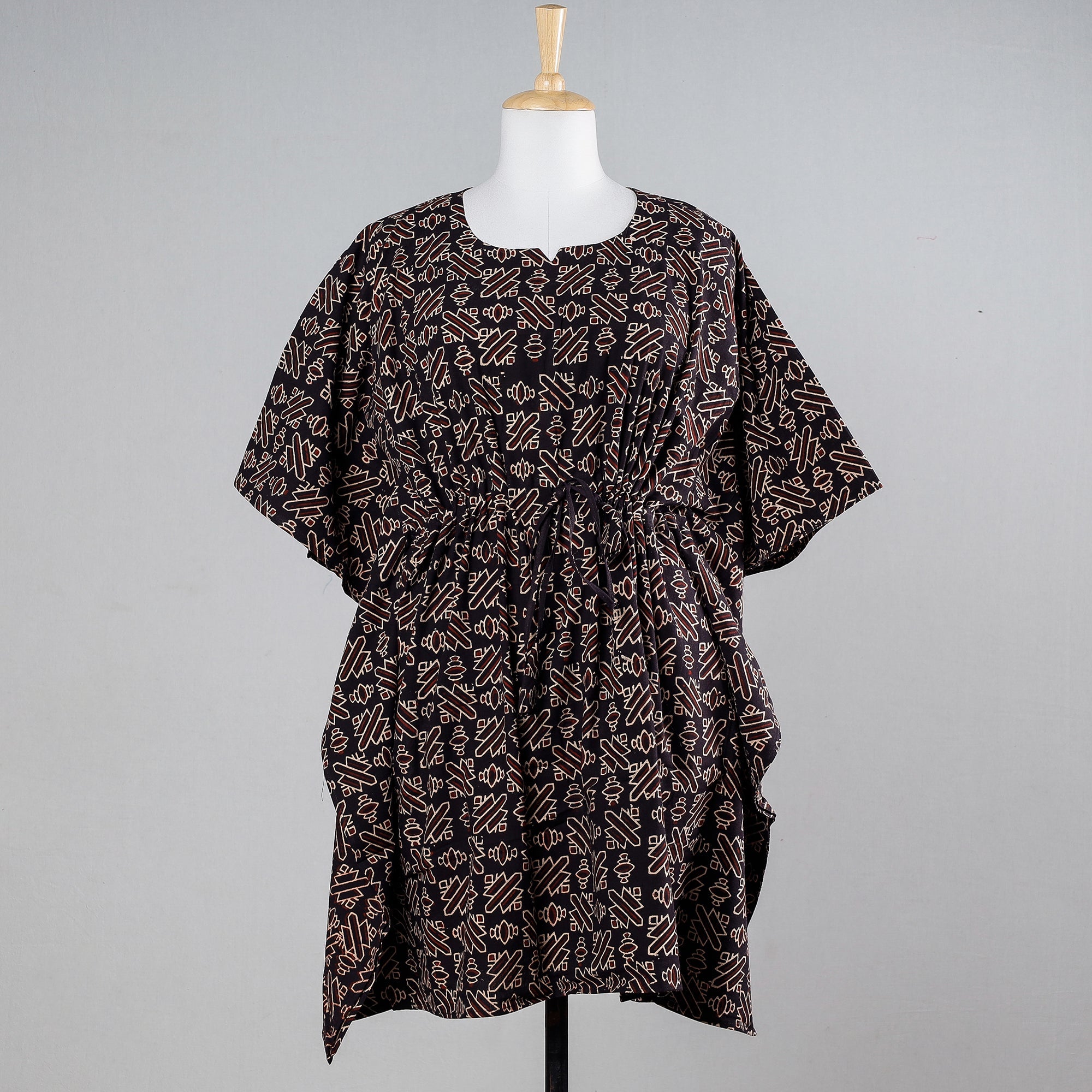 KACHCHH JI CHHAAP Black - Ajrakh Block Printed Cotton Kaftan with Tie-Up Waist (Medium)