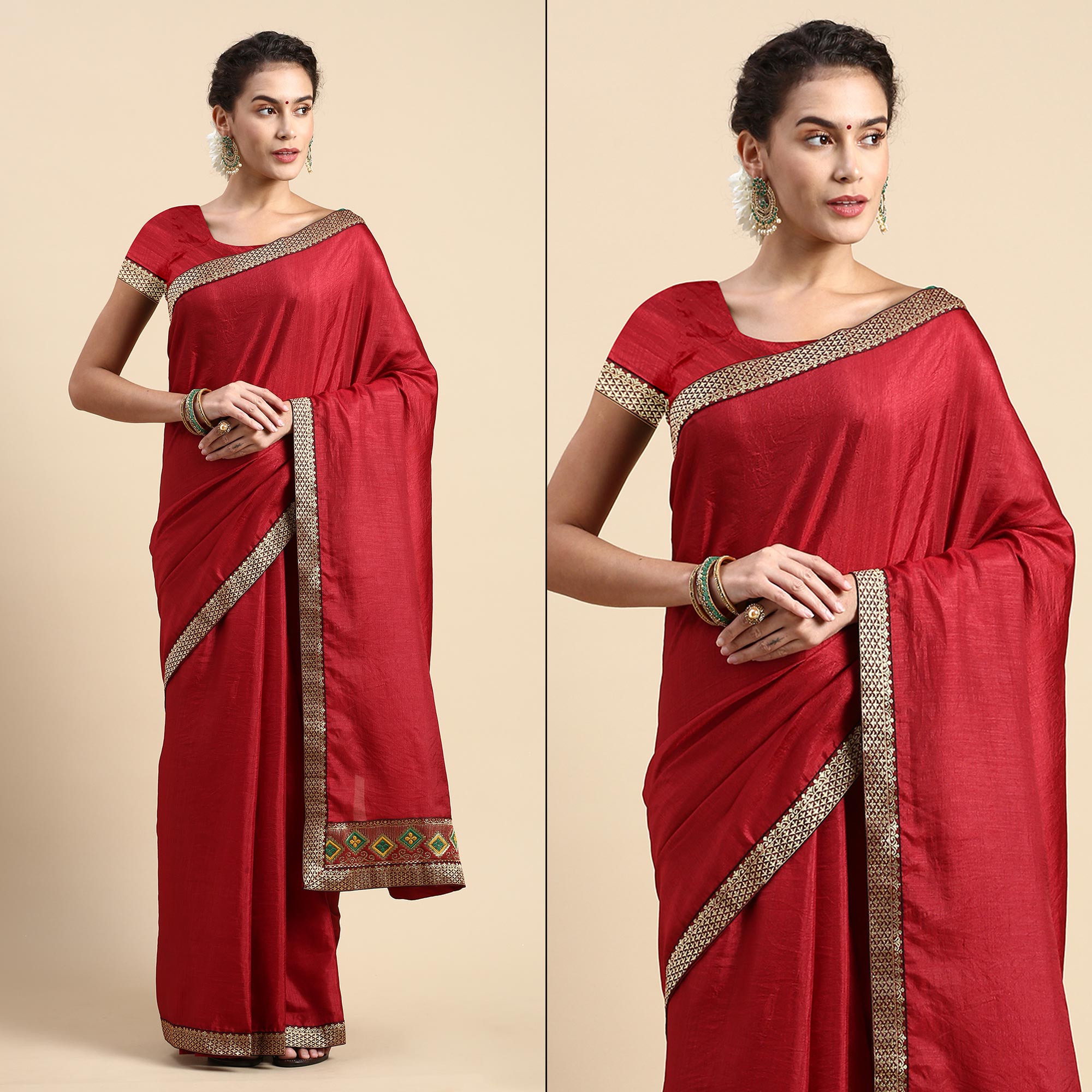Peachmode Maroon Solid Vichitra Silk Saree With Fancy Border