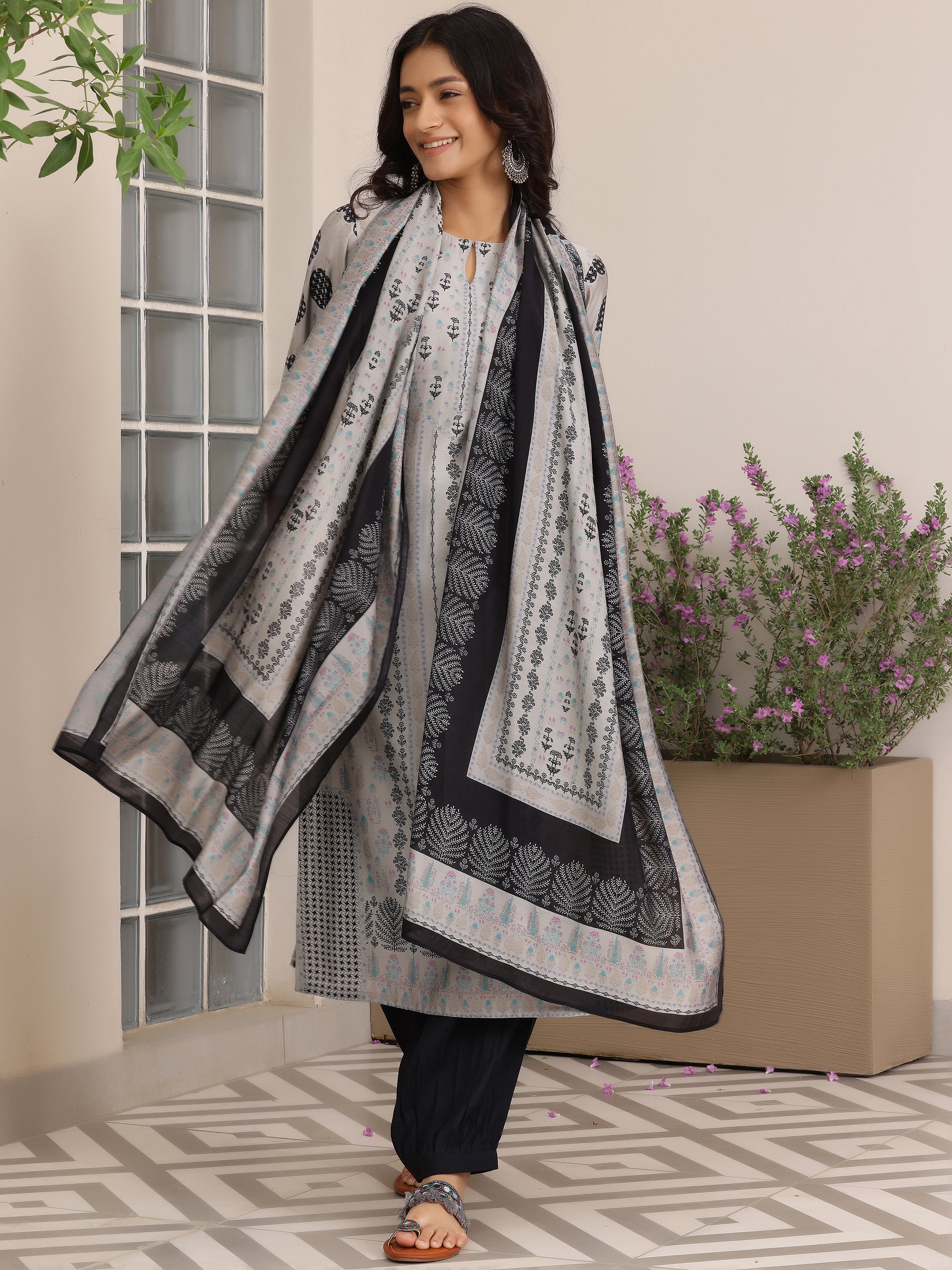 Libas Grey Printed Silk Blend Straight Suit With Dupatta - view 2
