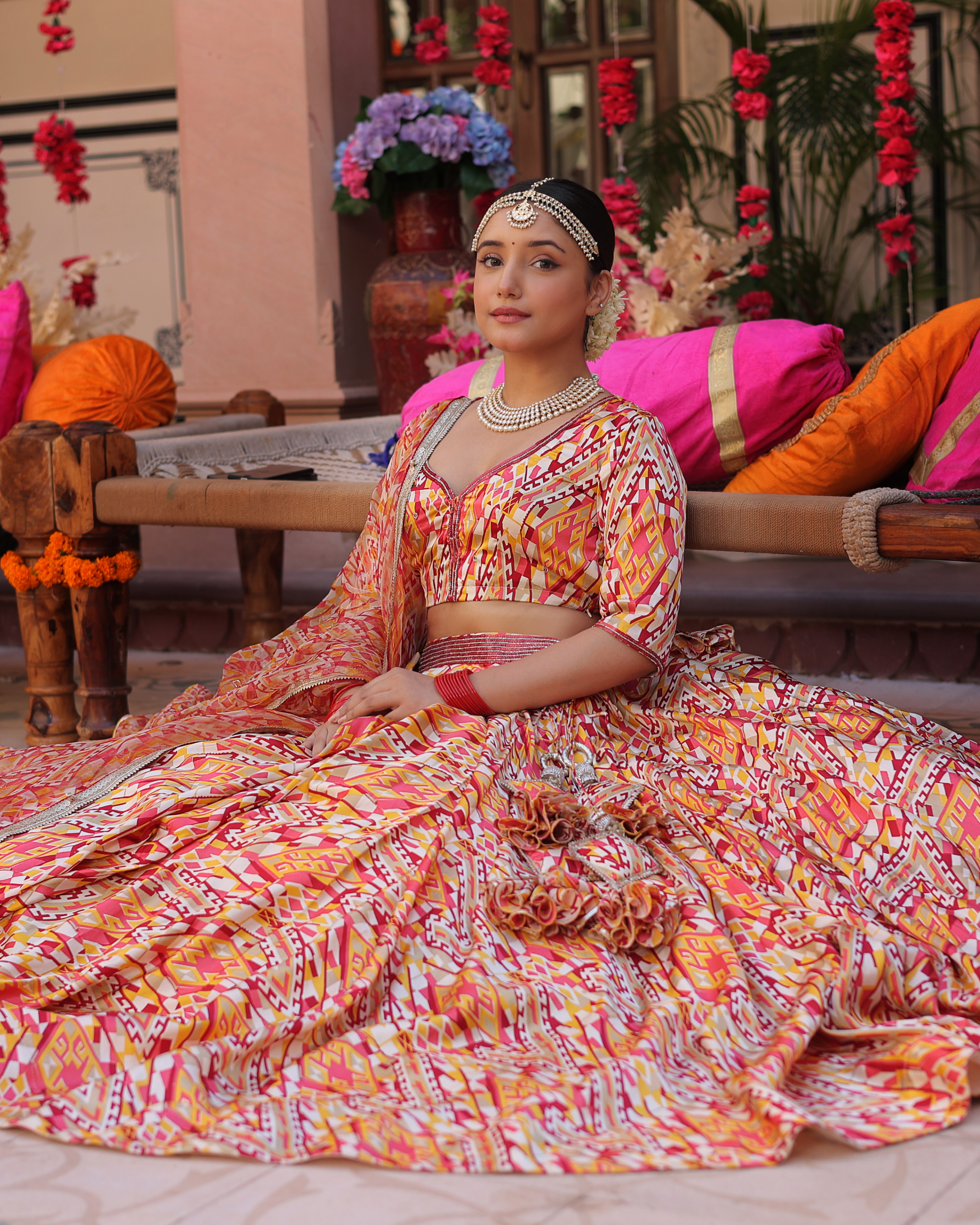 Aachho Creamy Crimson Blaze Printed Satin Lehenga Set - view 2