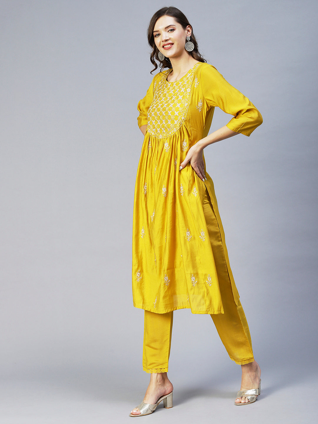 Fashor Ethnic Embroidered A-Line Kurta with Pant & Dupatta - Yellow - view 13