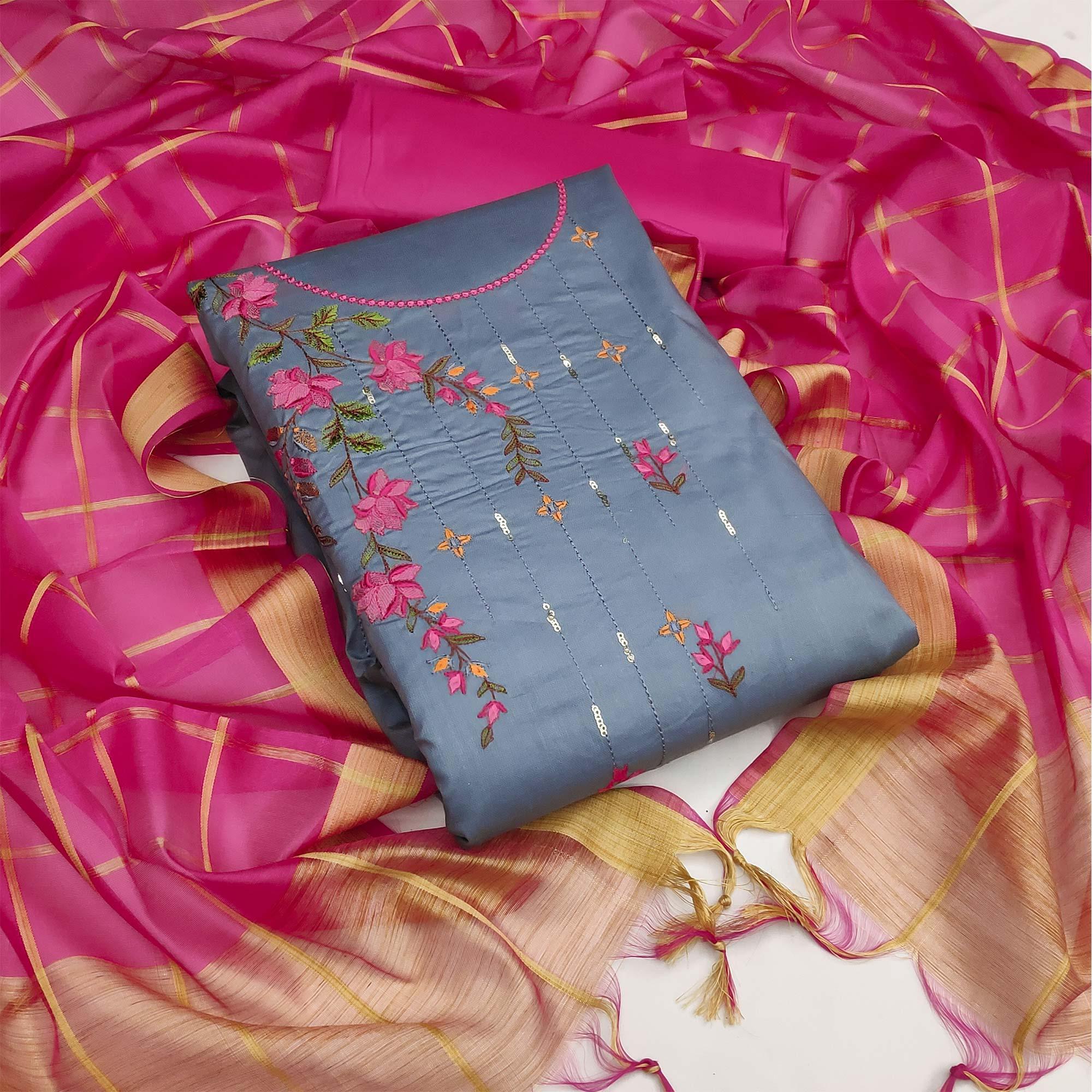Peachmode Dark Grey Festive Wear Floral Embroidery With Sequins Cotton Dress Material