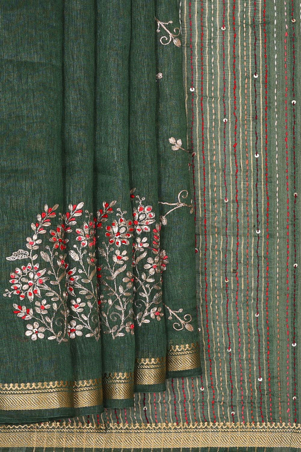 Kalanjali Embroidered Tussar Silk Bottle Green Saree