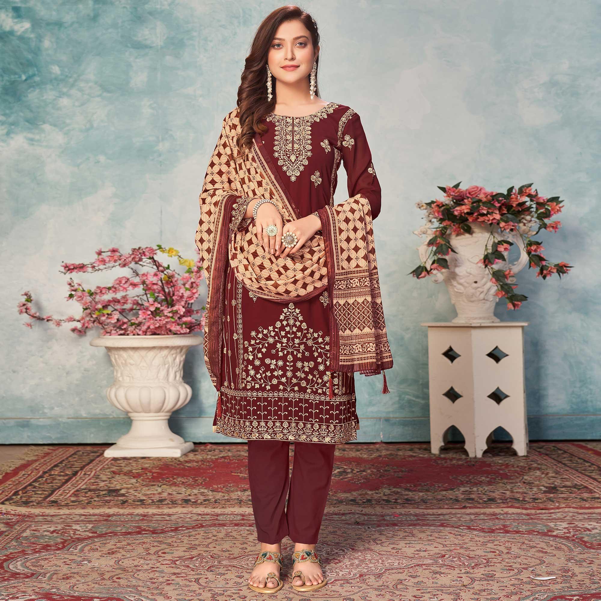 Peachmode Brown Partywear Embroidered Faux Georgette Salwar Suit