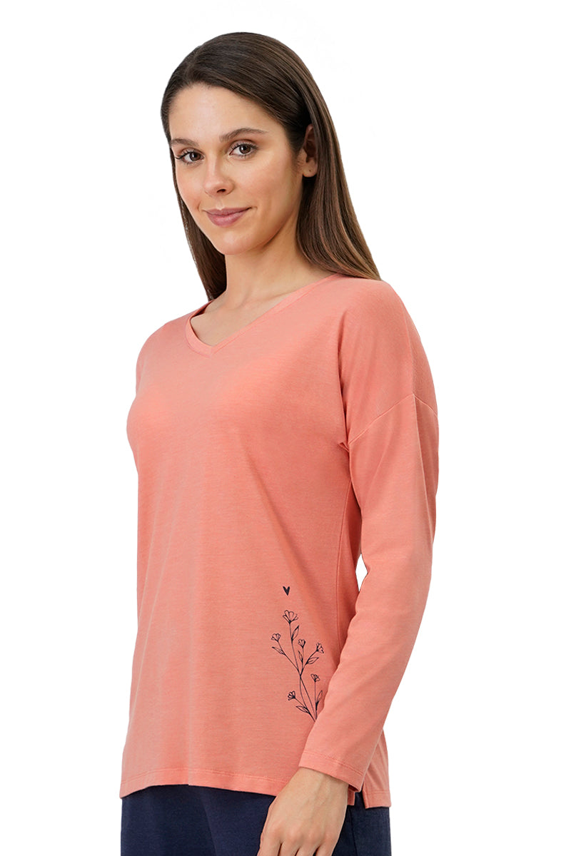 Amante Cotton Blend Long Sleeves Sleep T-shirt - Canyon Clay - view 3