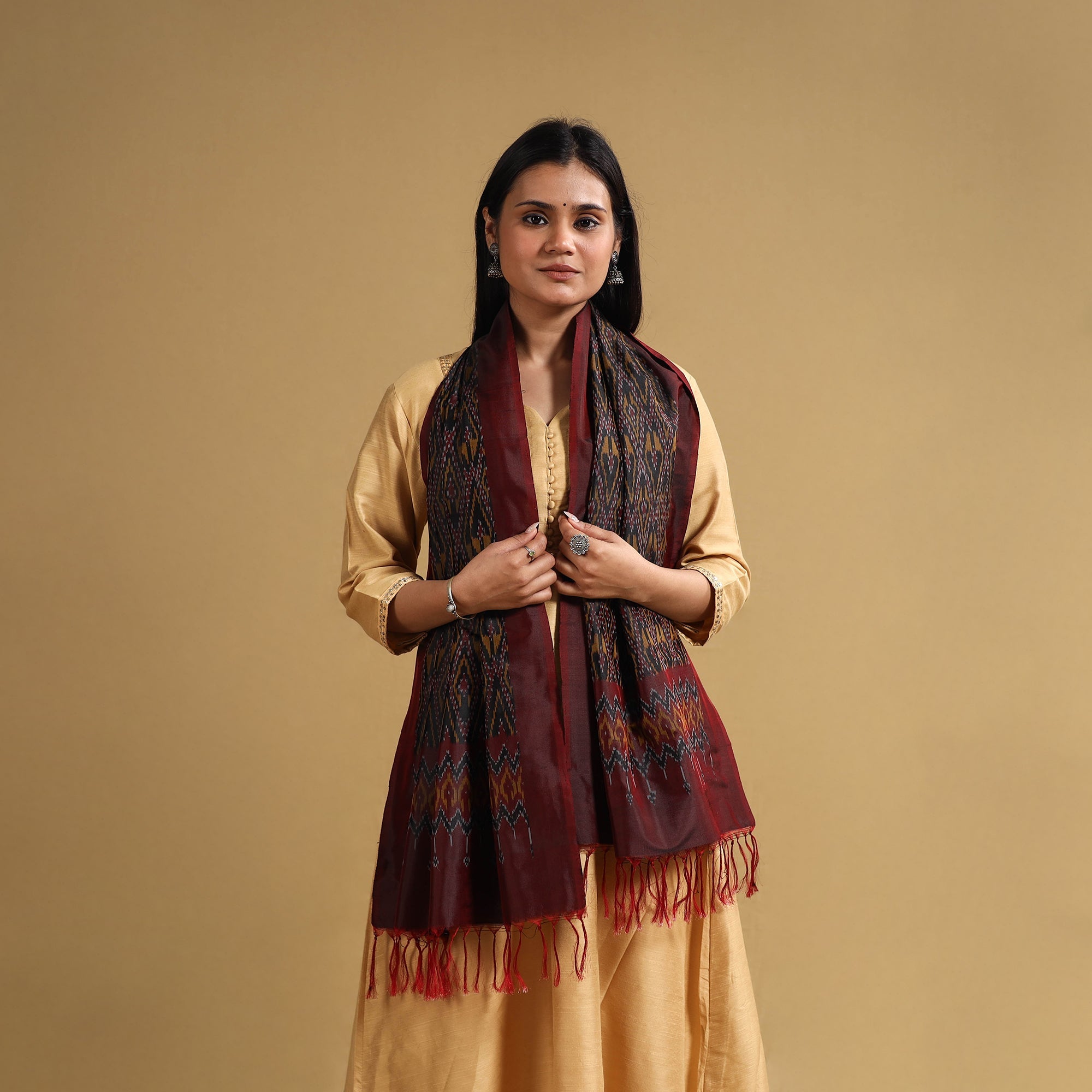 POCHAMPALLY IKAT WEAVES BY GOVARDHAN Brown - Handloom Mulberry Silk Pochampally Ikat Stole 14 - view 2