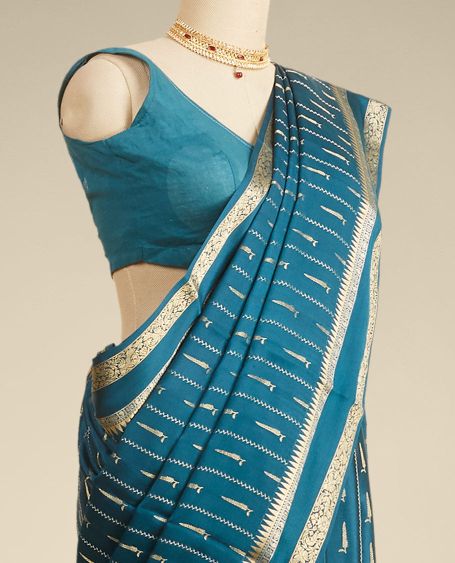 Pothys Cream & peach striped with zari design Mysore silk saree, jaal design border & intricate pallu