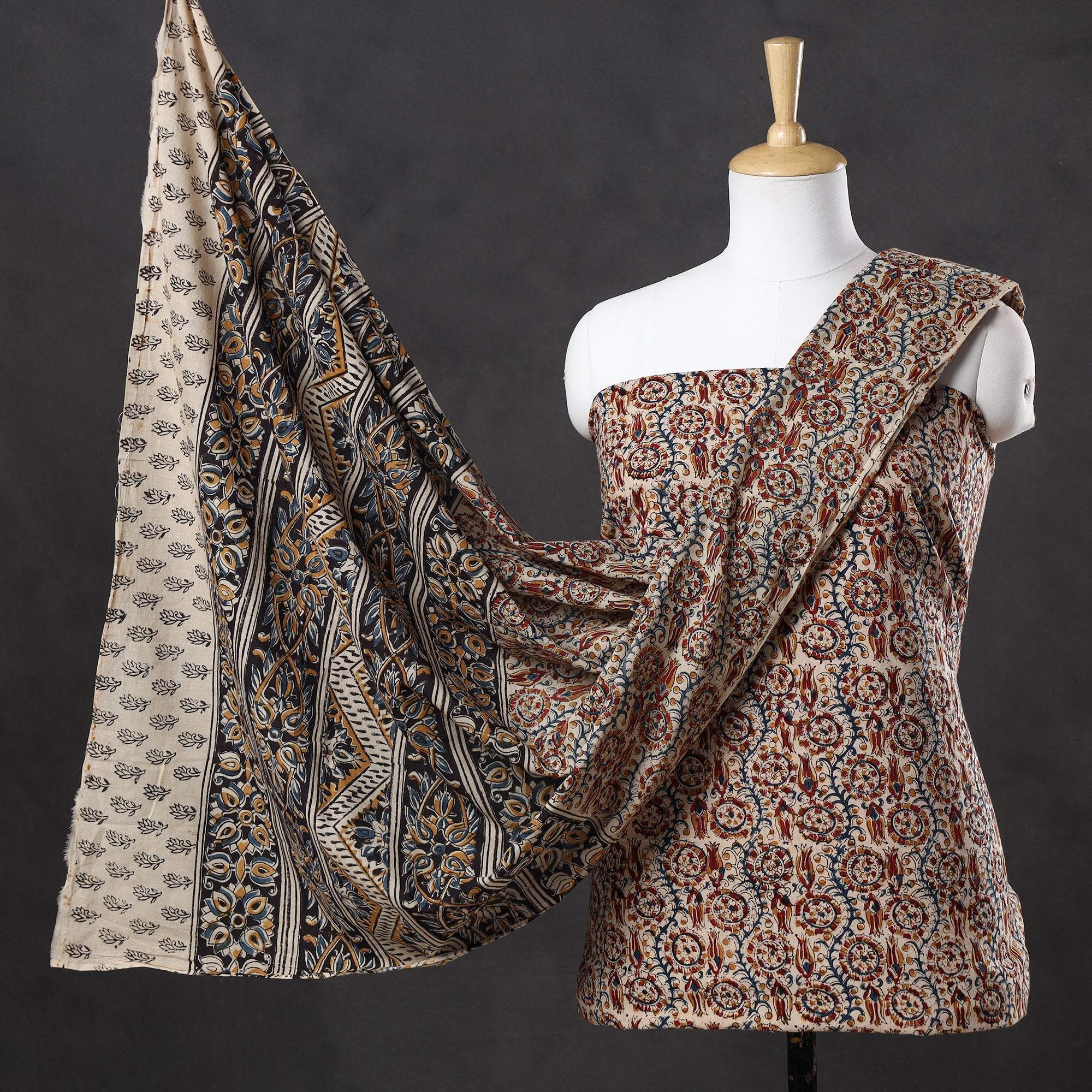 VENKATA BHANU KALAMKARI PEDANA Brown - 2pc Pedana Kalamkari Block Printed Cotton Suit Material Set 10