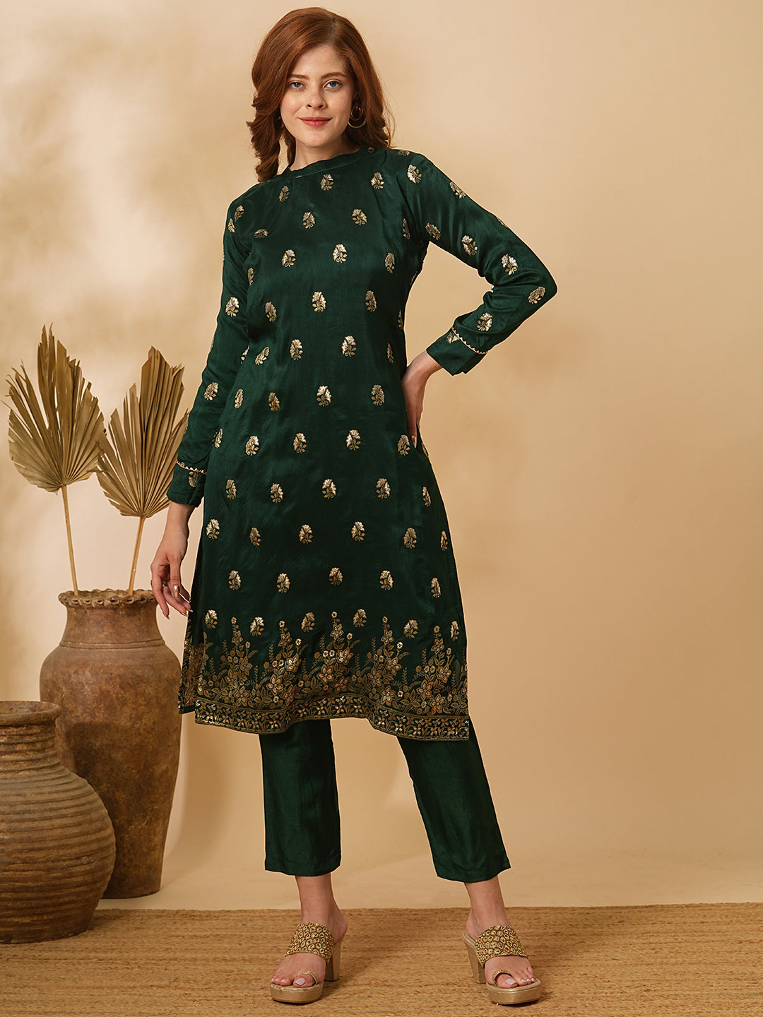 Fashor Ethnic Floral Zari Jacquard Straight Fit Kurta with Pant - Green