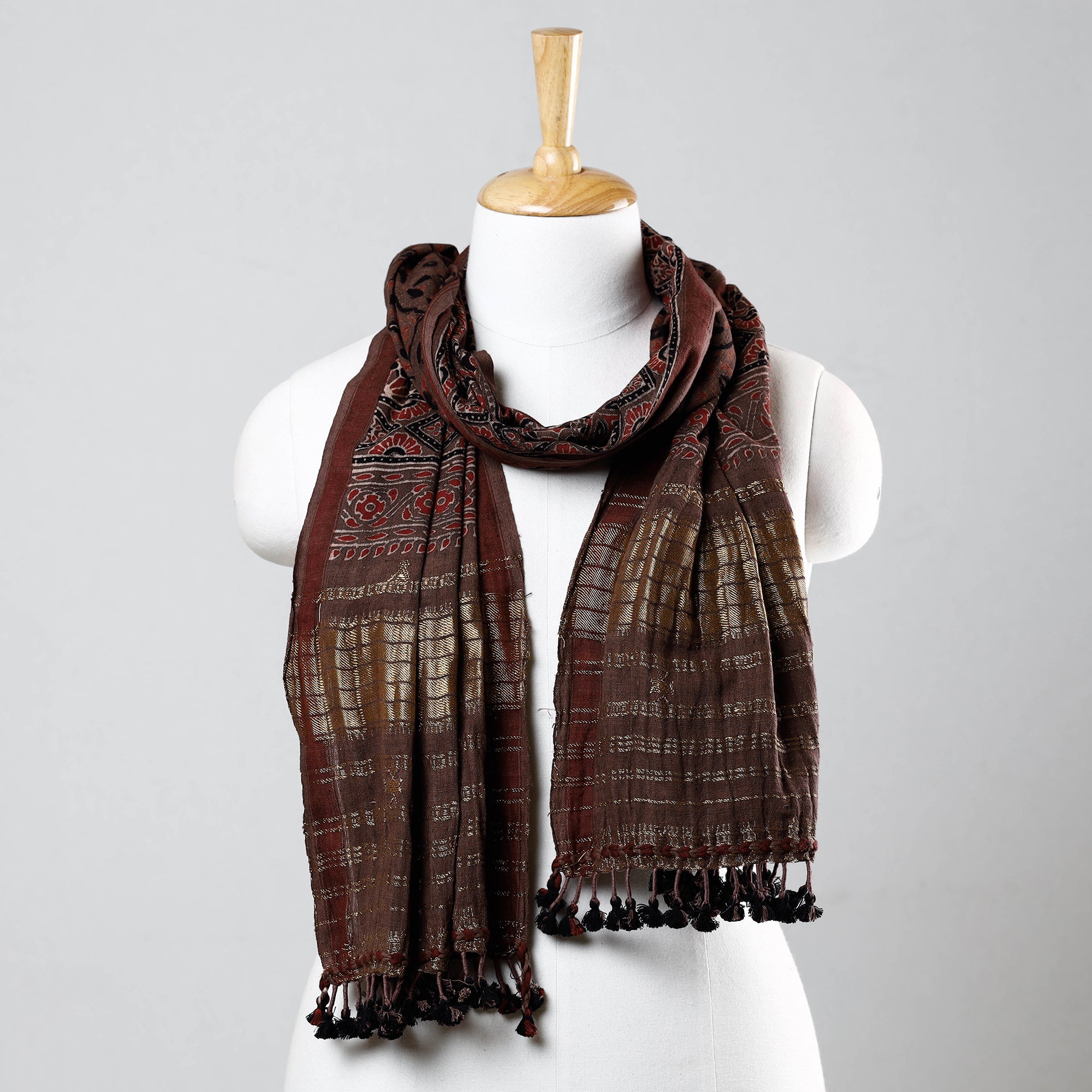 KACHCHH JI CHHAAP Brown - Ajrakh Prints Kutch Bhujodi Kala Cotton Handwoven Zari Work Stole