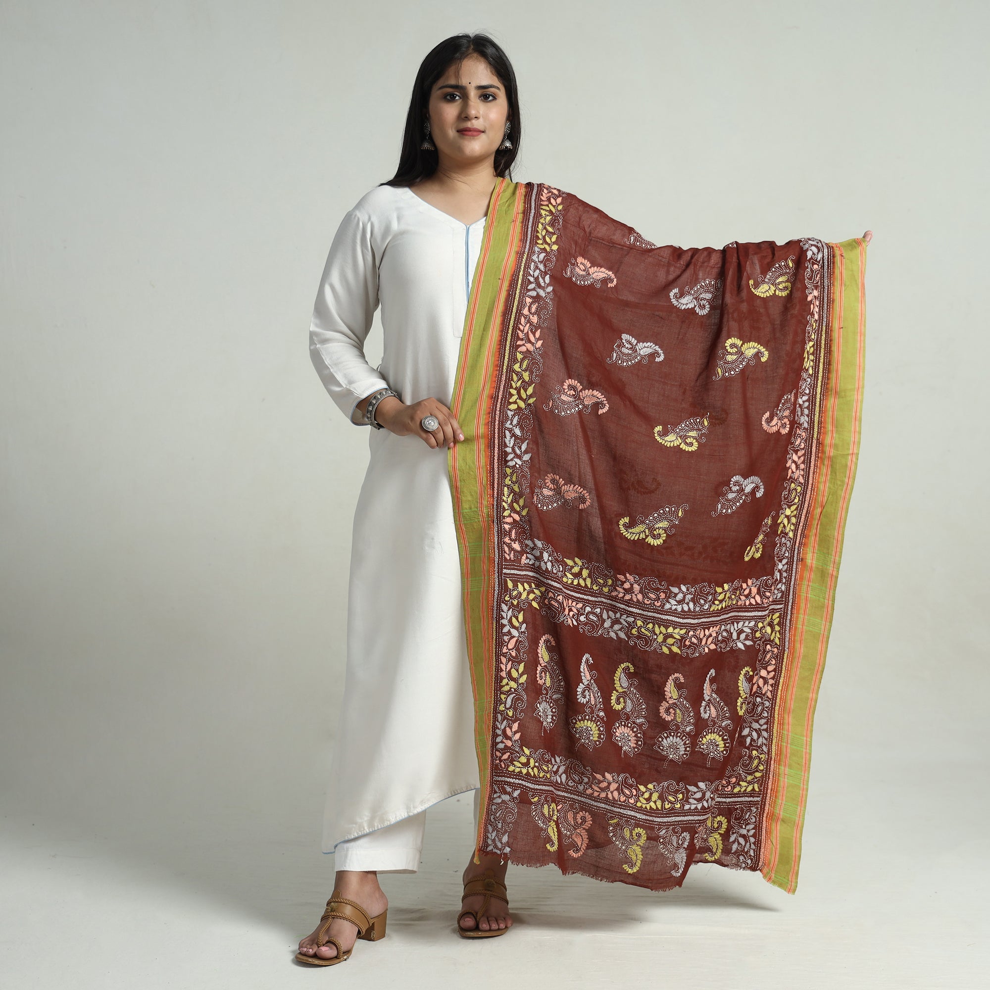 KHUSHBASH - HAPPY LOOM OF EAST Brown - Bengal Kantha Embroidery Cotton Handloom Dupatta 95