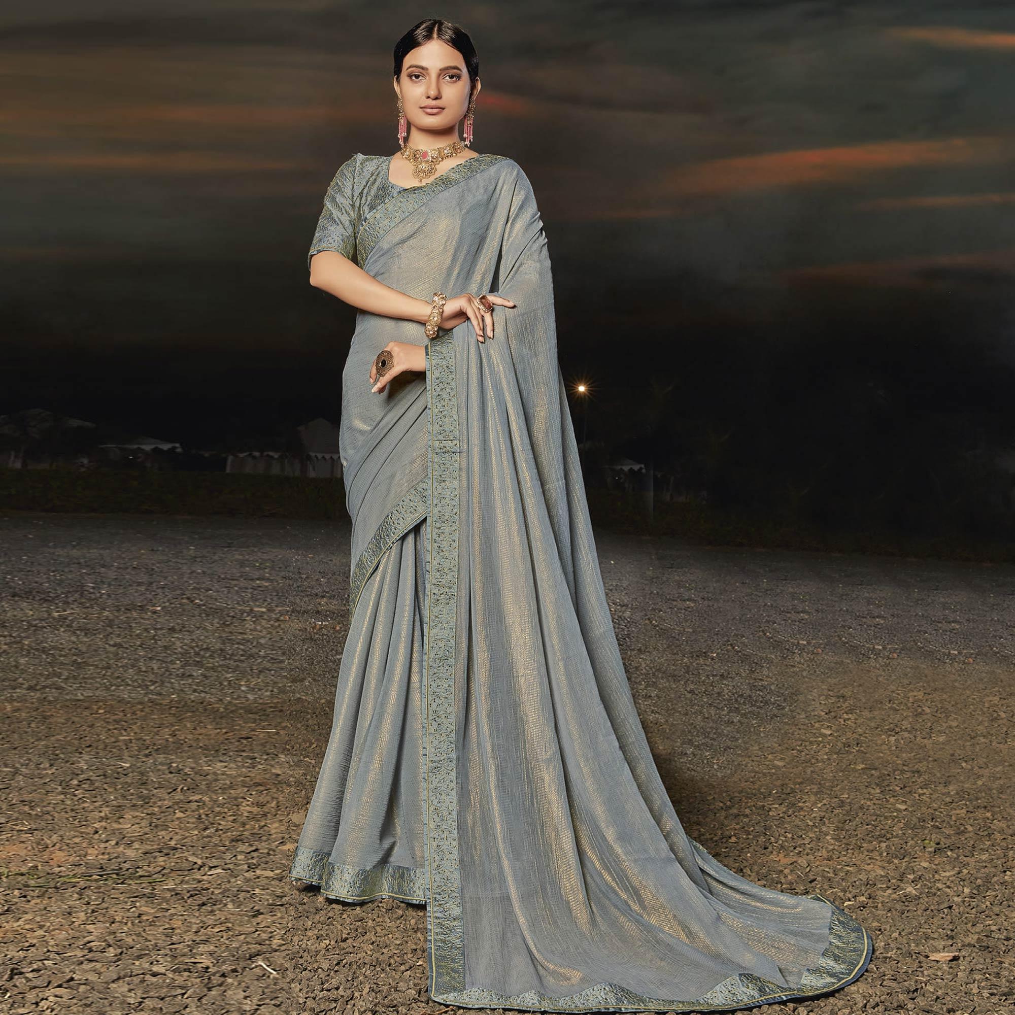 Peachmode Grey Partywear Embellished Chiffon Saree