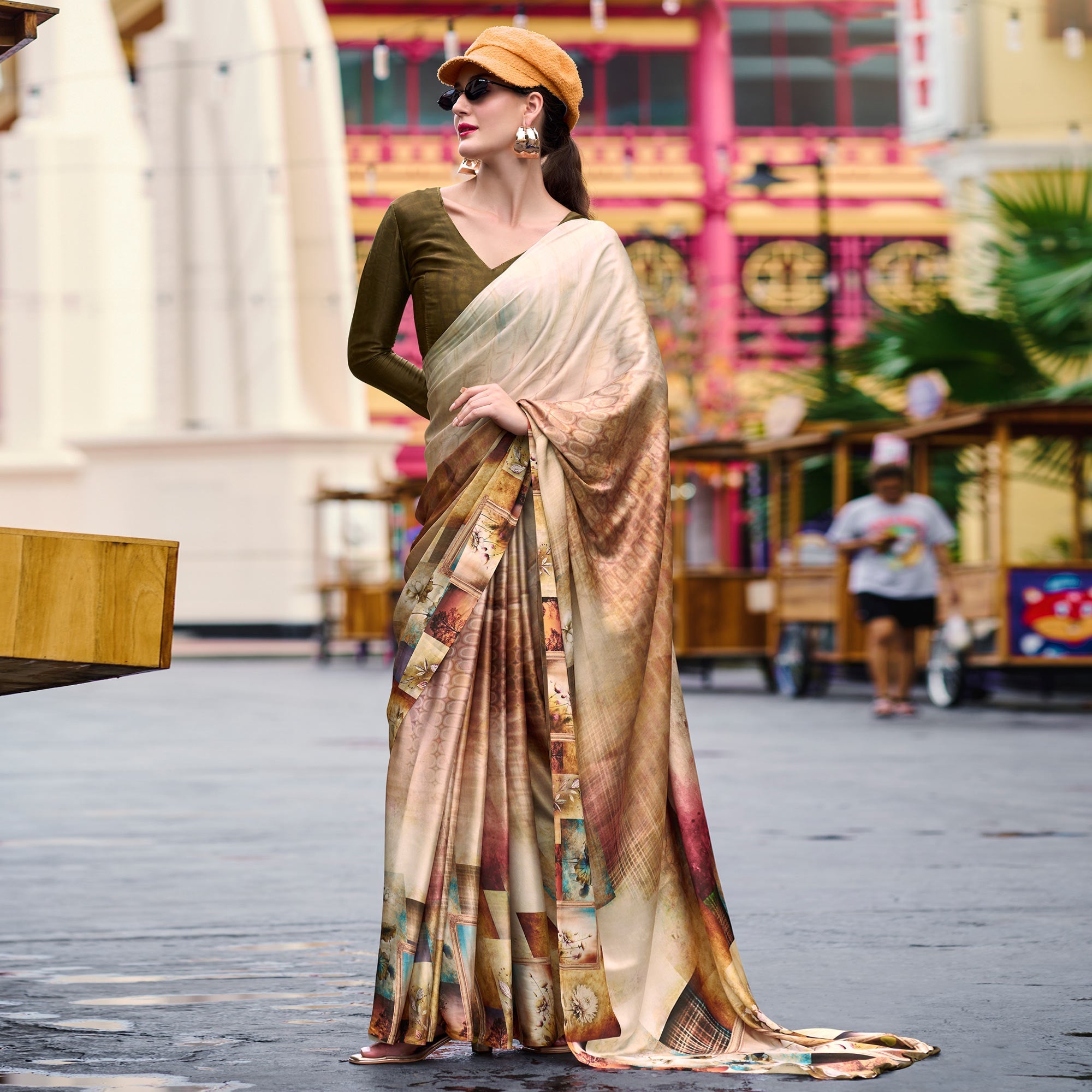 Peachmode Chikoo Digital Printed Pure Satin Saree - view 2