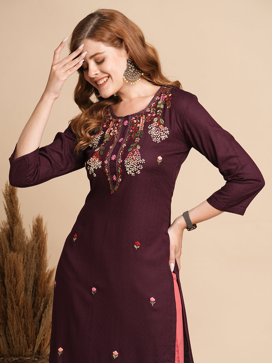 FASHOR Ethnic Woven & Floral Hand Embroidered Straight Fit Kurta - Burgundy - view 2