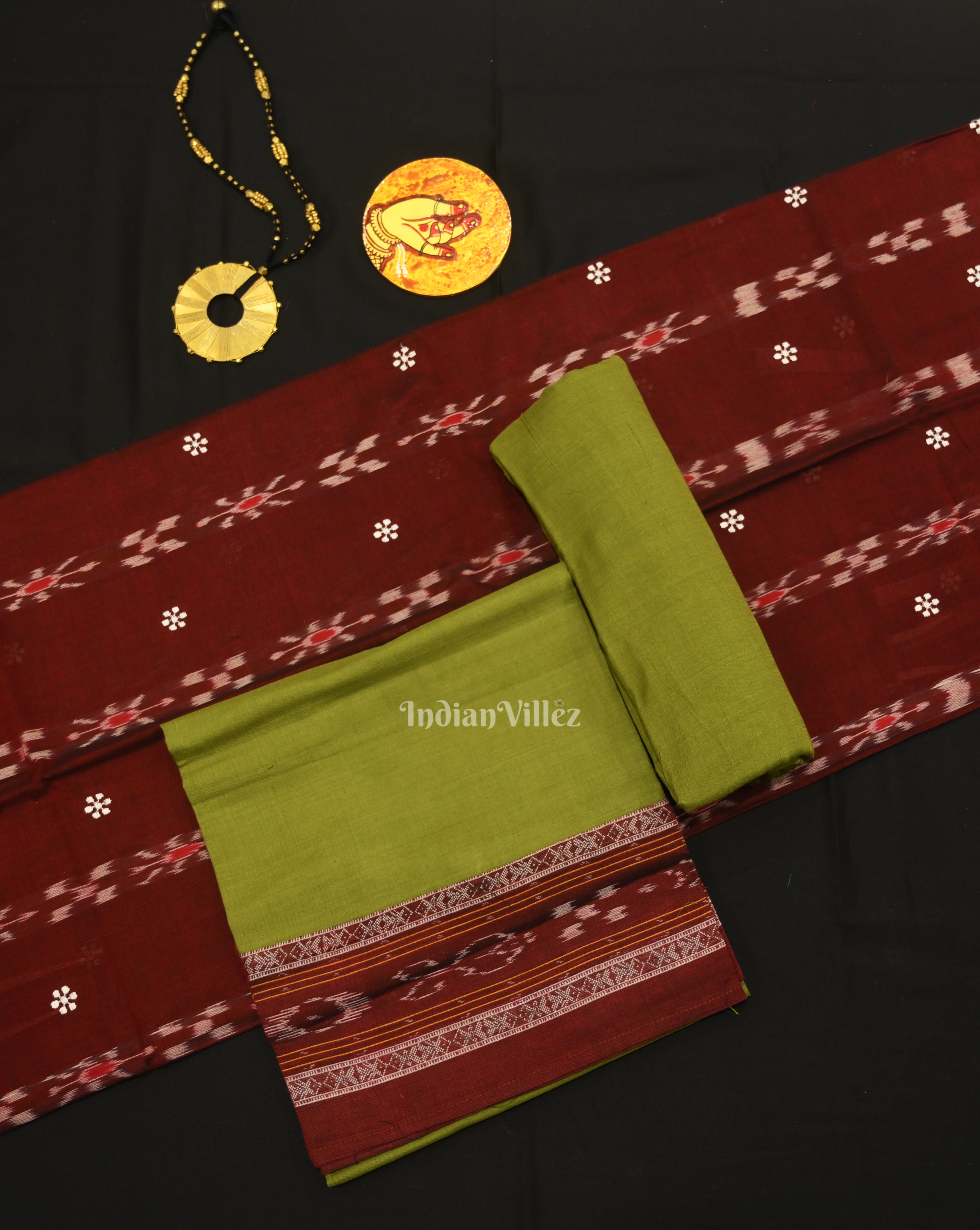 IndianVillèz Maroon Parrot Green Flower Buti Odisha Ikat Sambalpuri Dress Set & Dupatta