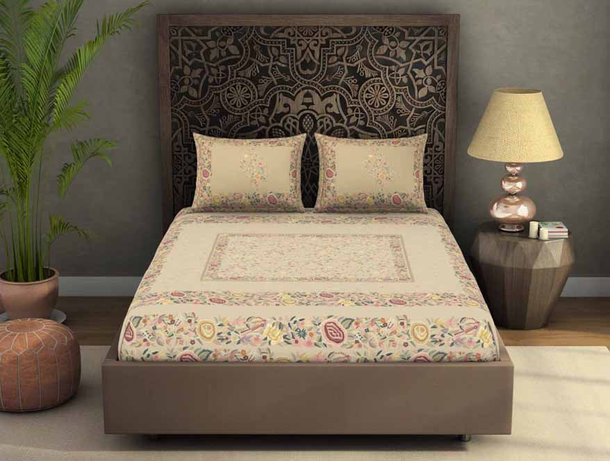 Spaces India Floral Beige 100% Cotton King Size Bedsheet Rangana Digital - By Spaces