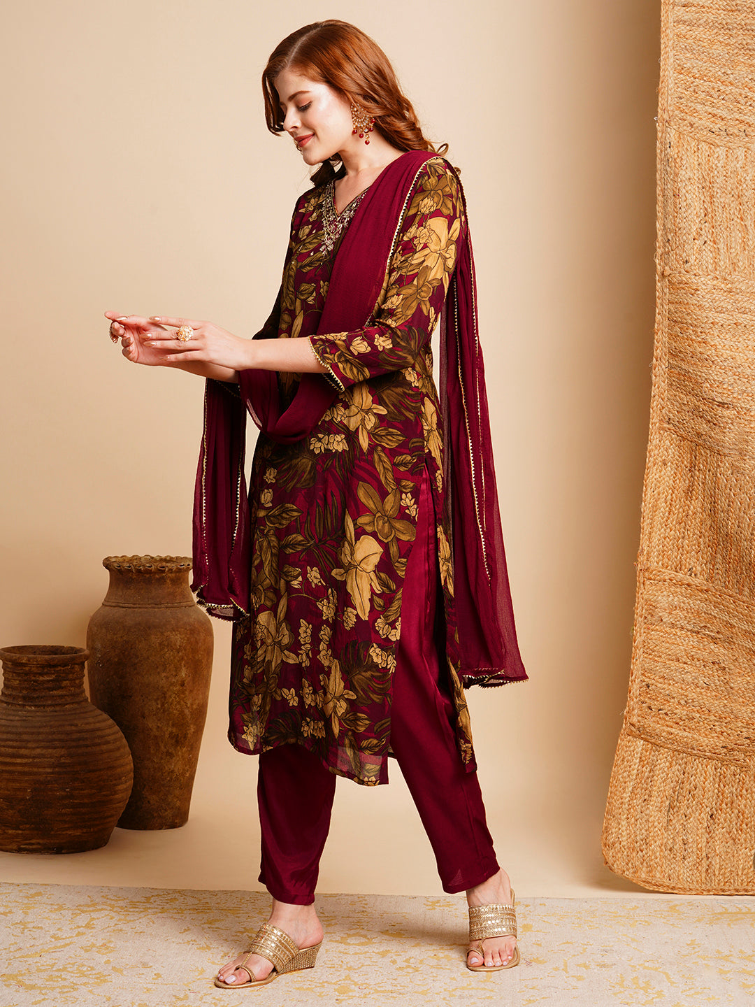 FASHOR Floral Printed & Hand Embroidered Kurta with Pant & Dupatta - Maroon - view 3