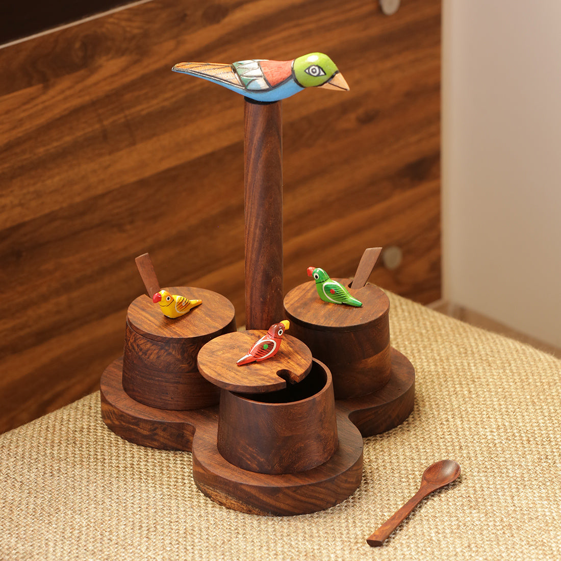 EXCLUSIVELANE 'The Perched Family' Jar Set With Tray & Spoons In Sheesham Wood