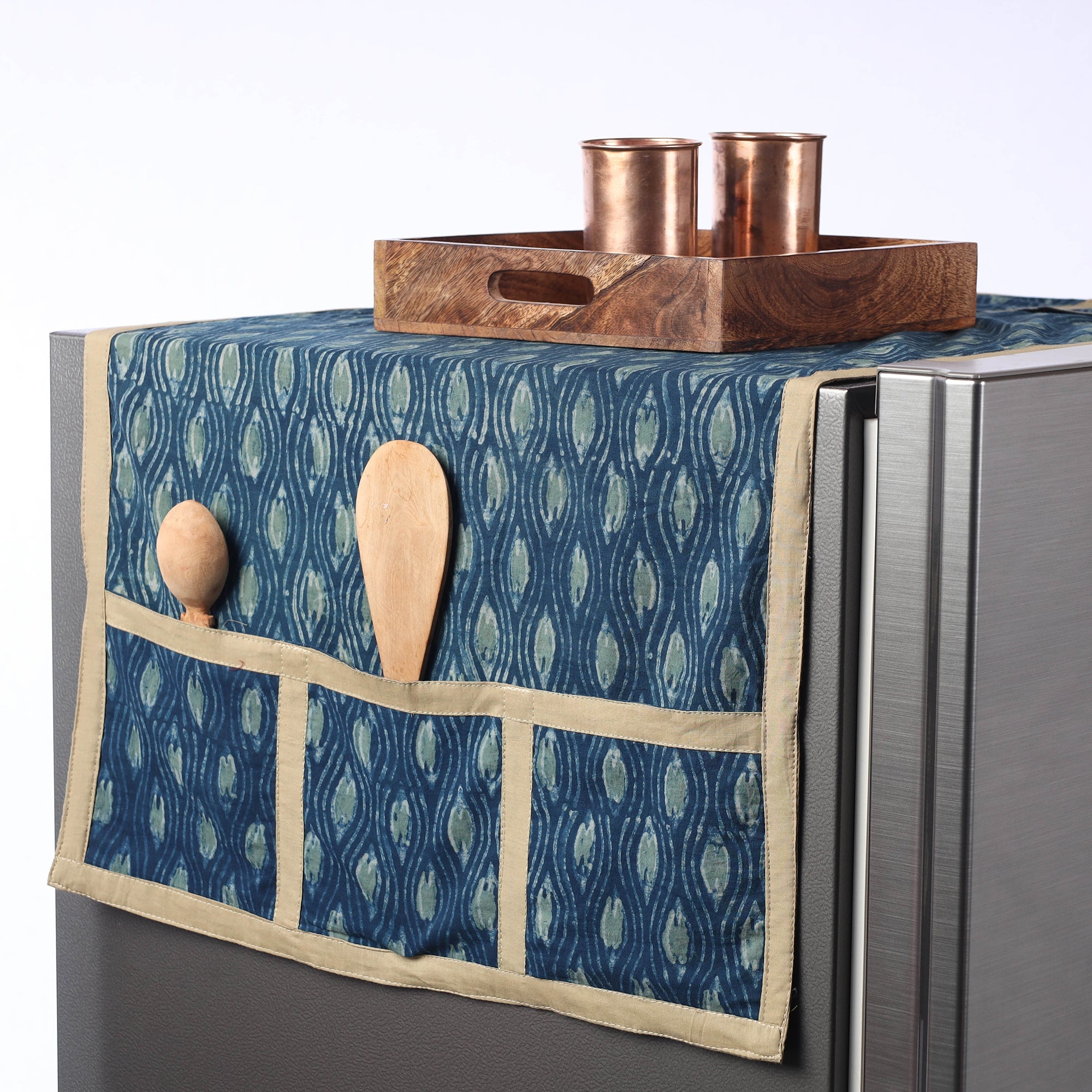 JALPARI Blue - Ajrakh Block Printed Cotton Fridge Top Cover with Multiple Pockets