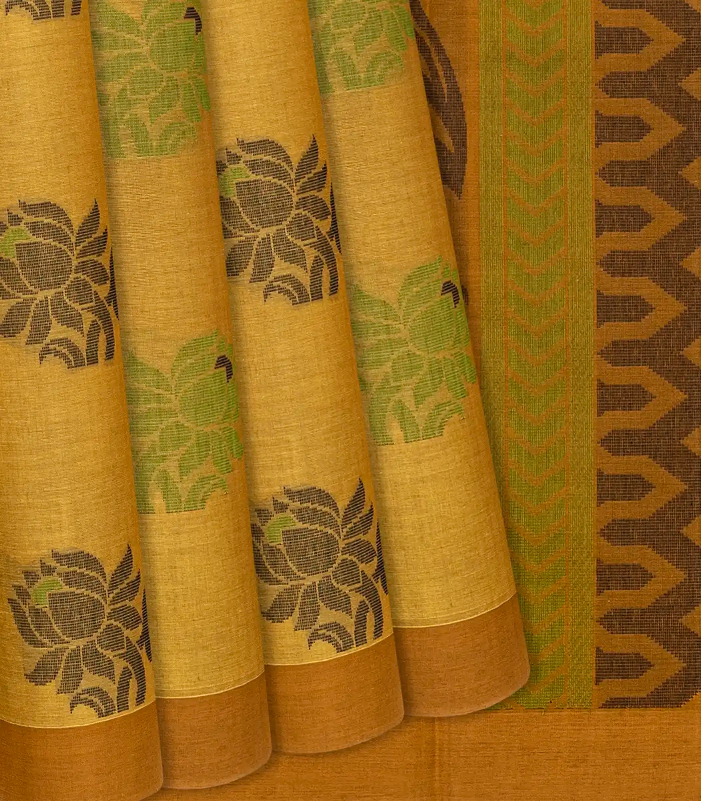 RmKV Olive Green Handloom Village Cotton Saree With Flower Motifs-Olive Green