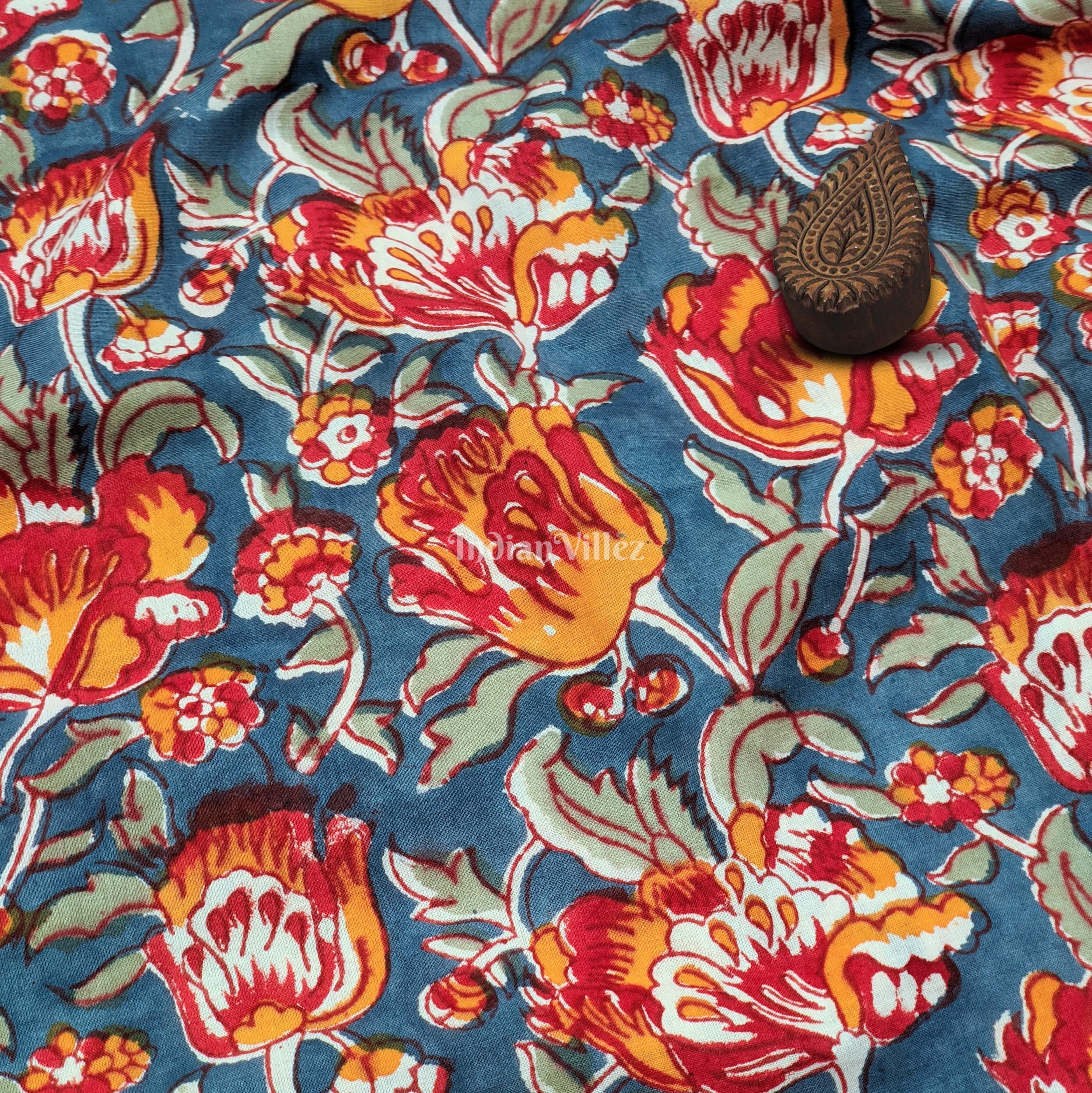 IndianVillèz Multicolored Floral Hand Block Printed Cotton Fabric