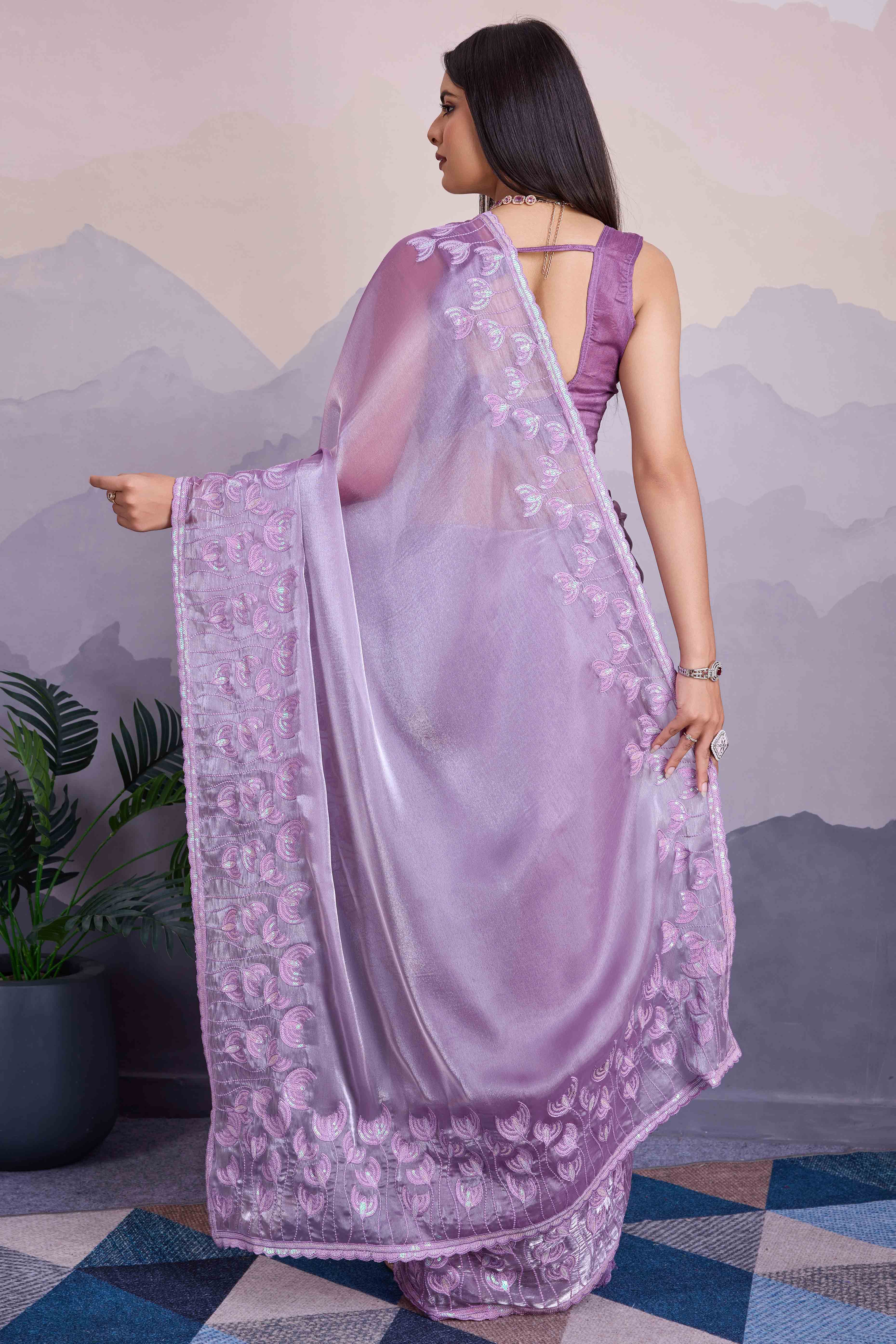 Peachmode Lavender Floral Sequins Embroidered Jimmi Choo Zoya Silk Saree - view 5