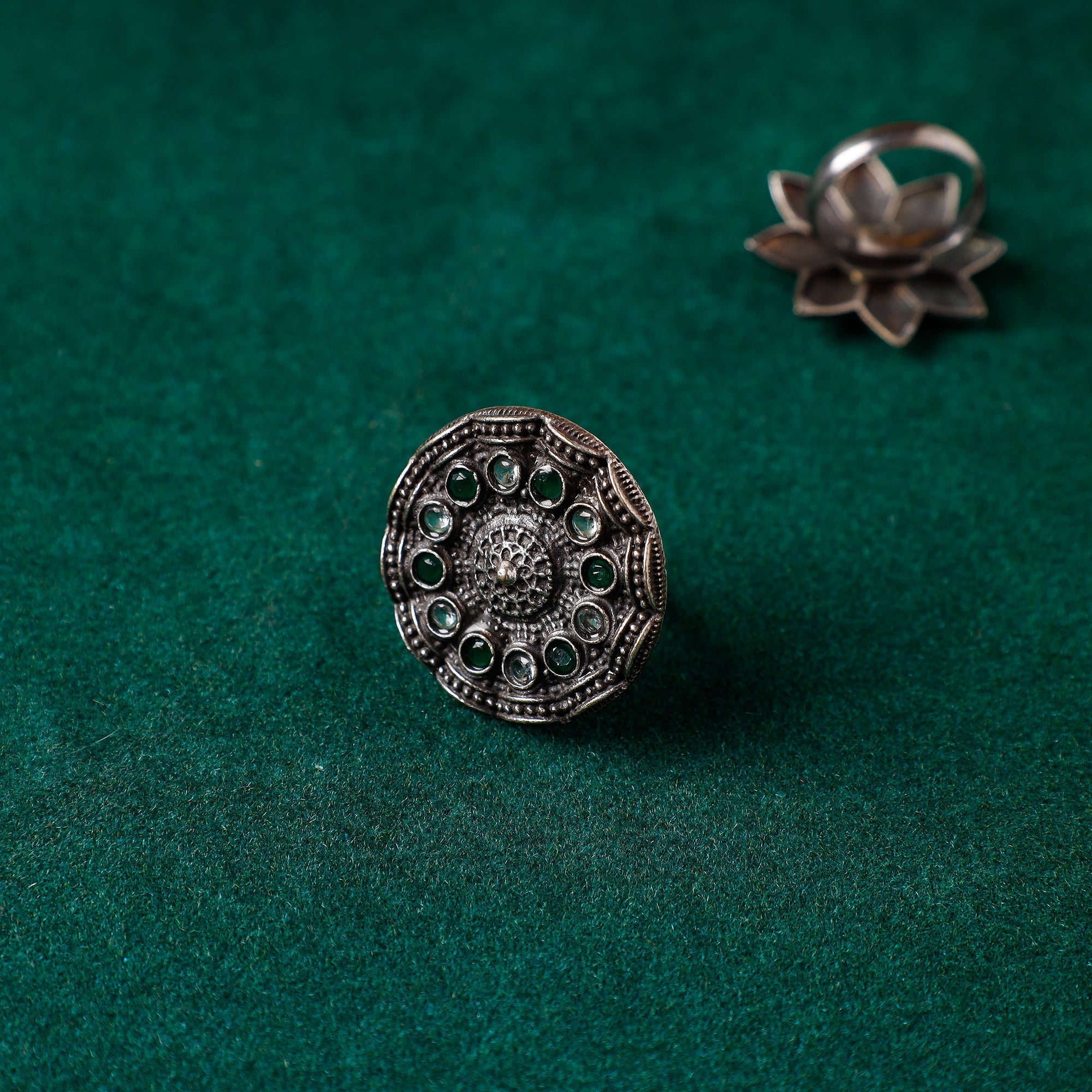 WHITE RIVER STORIES Antique Silver Finish Oxidised Brass Base Stone Work Ring (Adjustable)