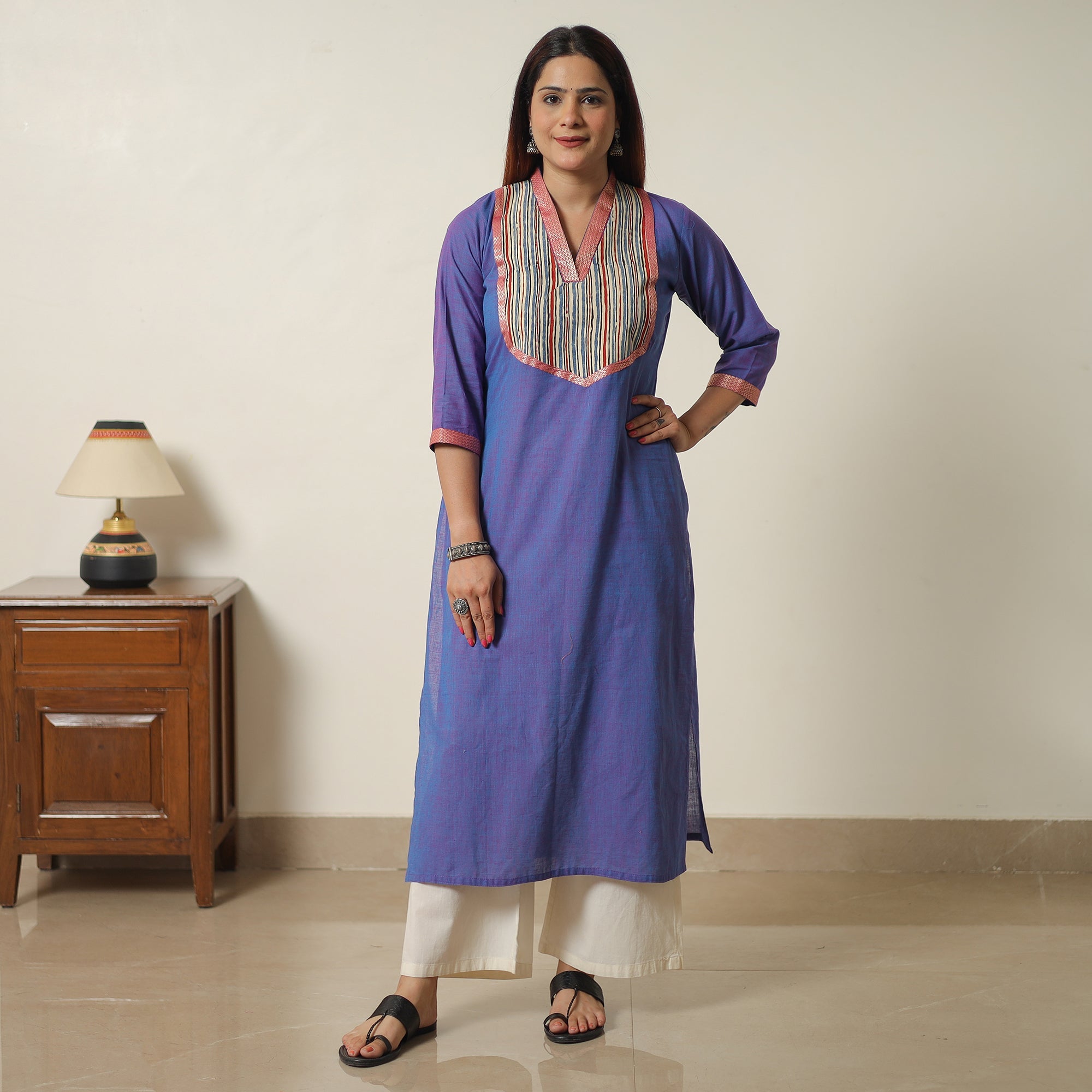 ITOKRI CASUALS Blue - Dharwad Cotton Straight Kurta with Ajrakh Patchwork 17 - view 2